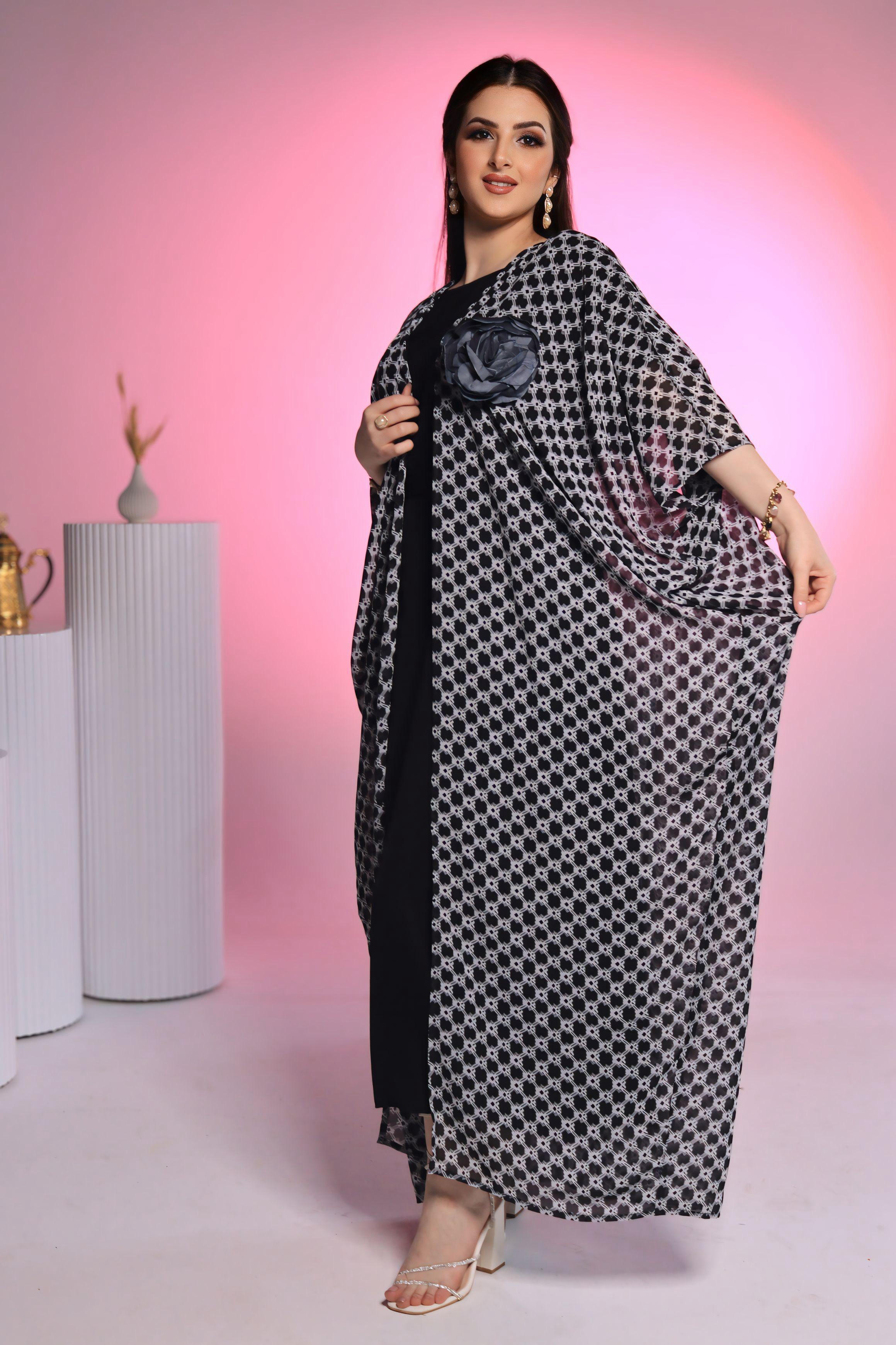 Checkered Abaya with Black Floral Accent