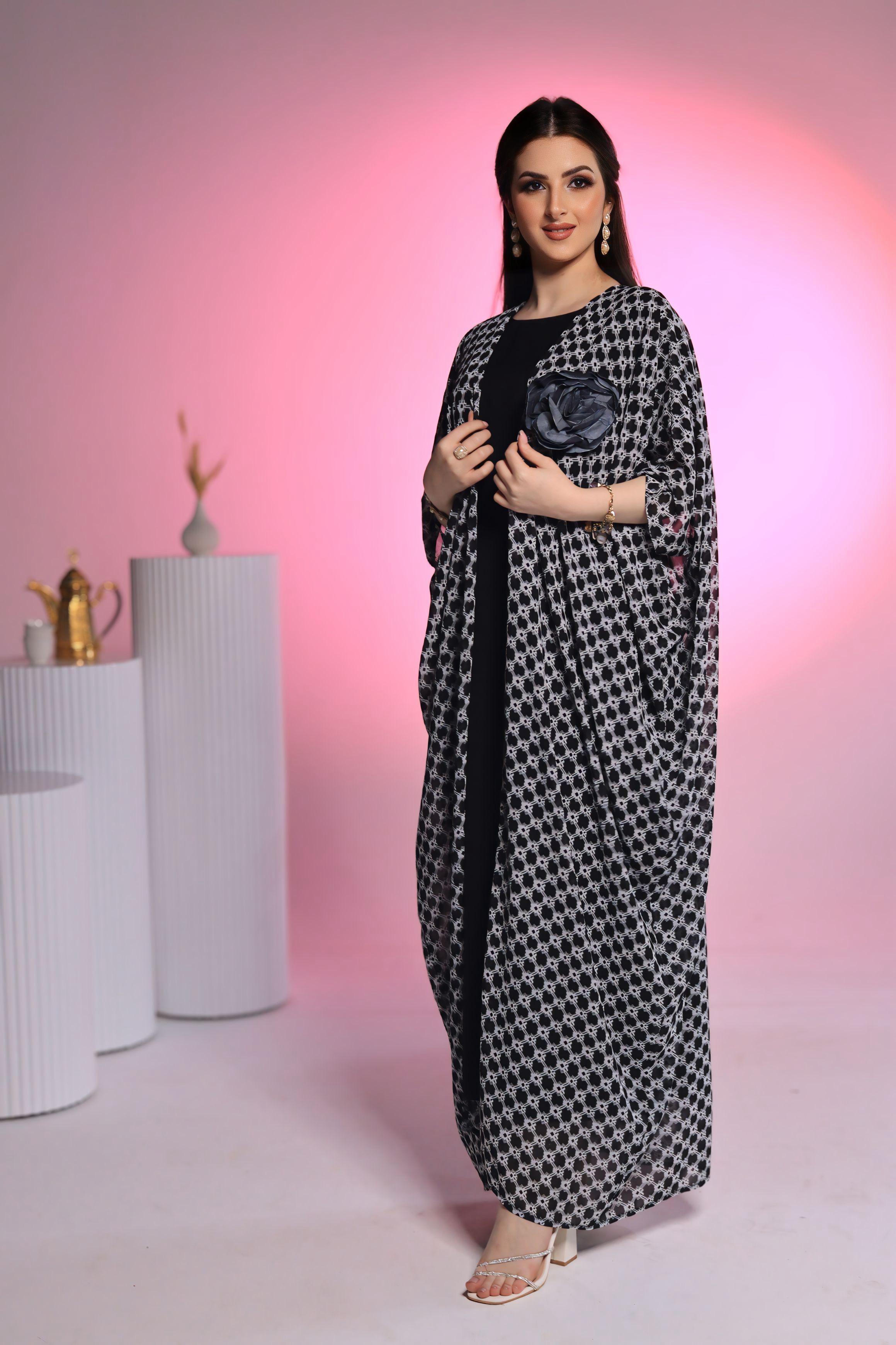 Checkered Abaya with Black Floral Accent