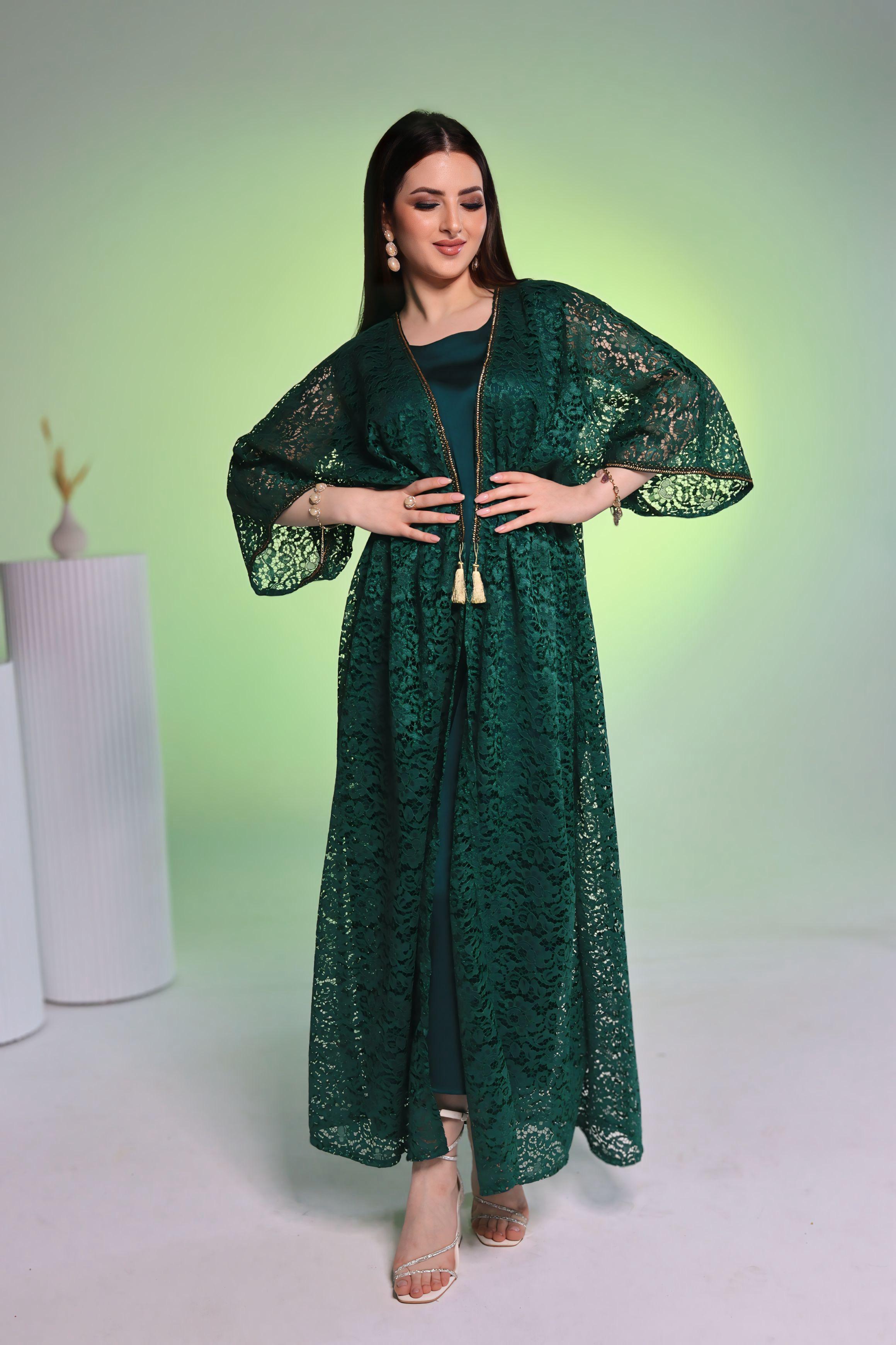 Emerald Green Abaya with Gold Chandelier Embellishments