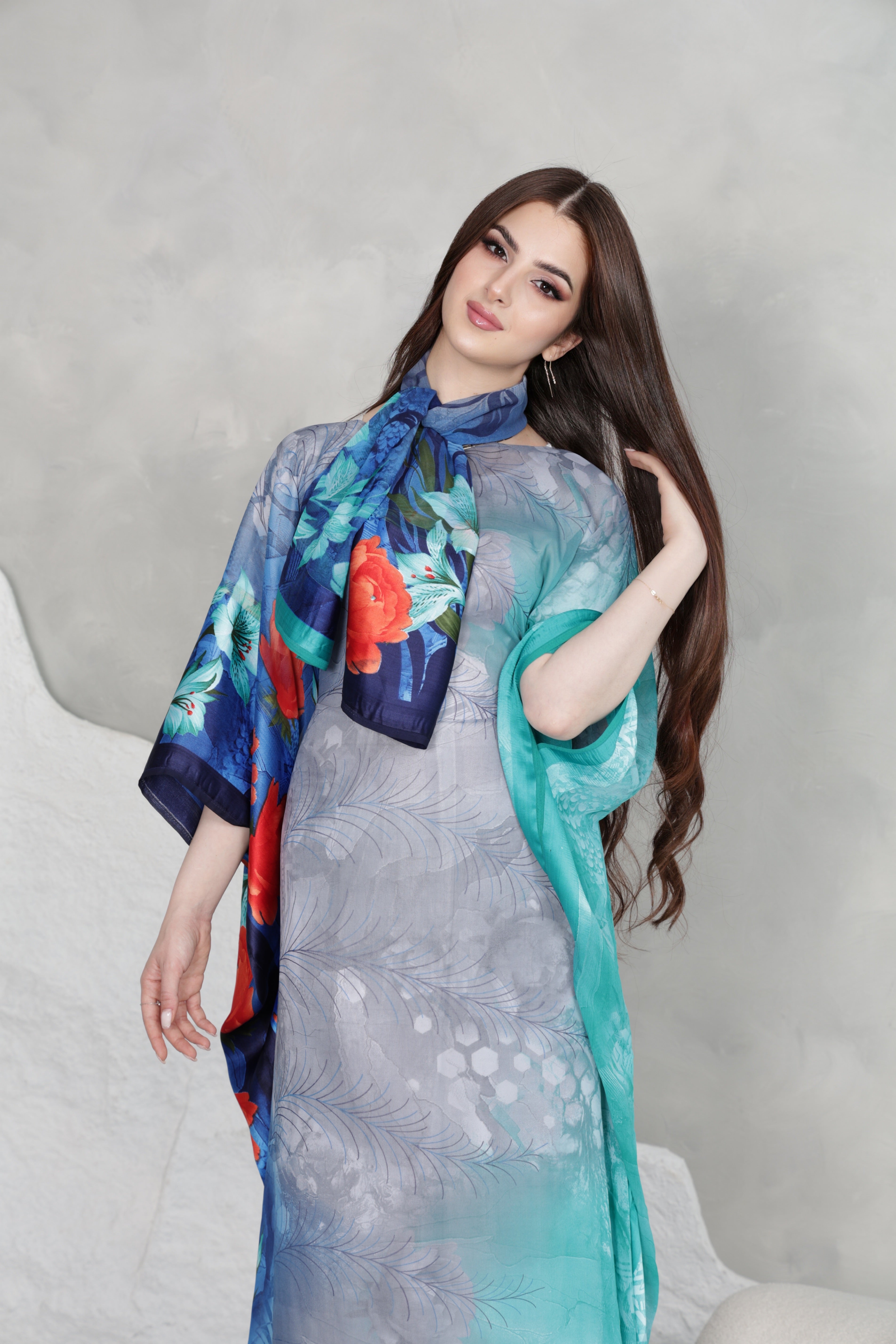 Blue & Teal Floral Kaftan Abaya Set | Ombre Print with Matching Scarf