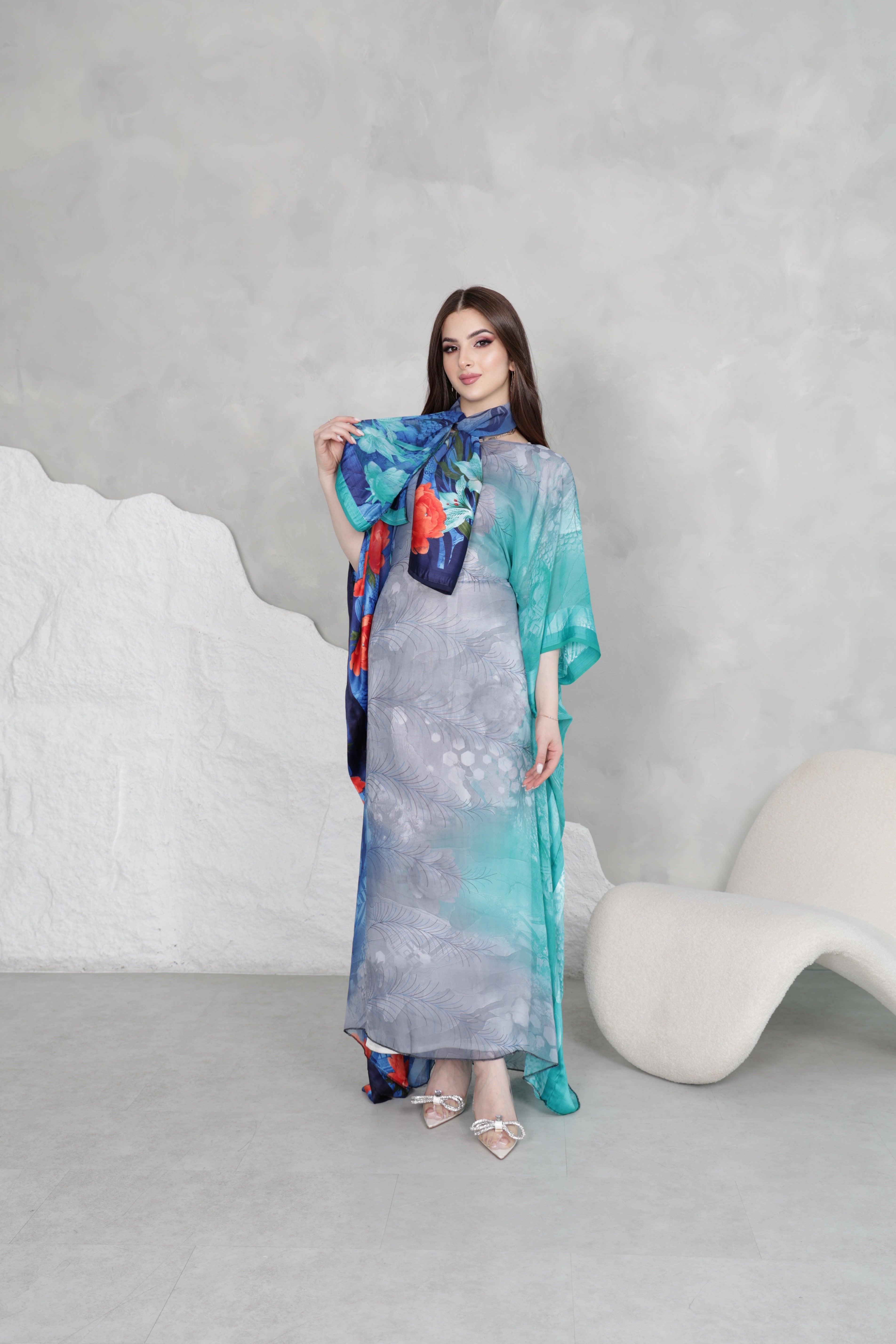 Blue & Teal Floral Kaftan Abaya Set | Ombre Print with Matching Scarf