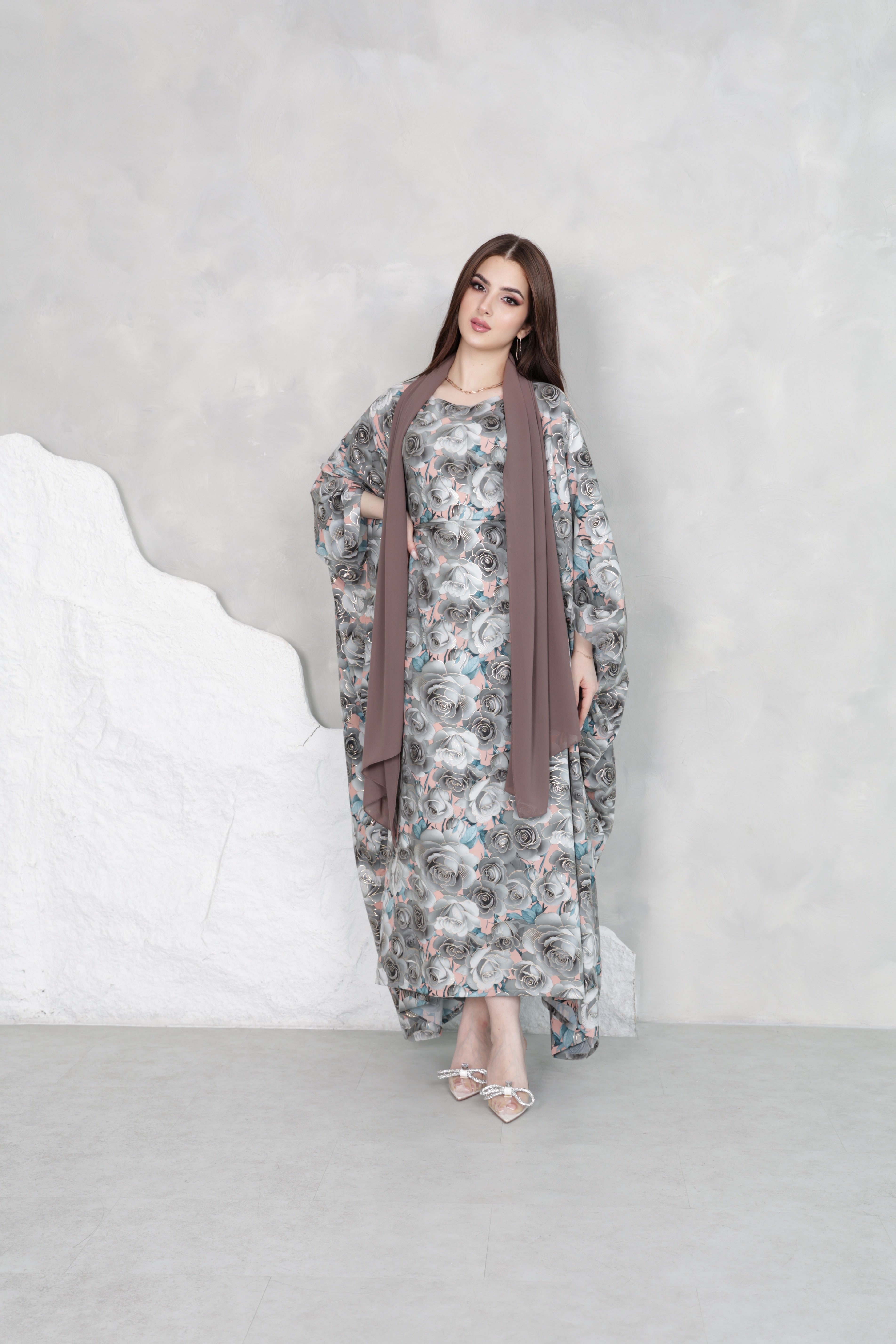 Grey Rose Print Kaftan Abaya Set | Floral Kaftan with Matching Sheila