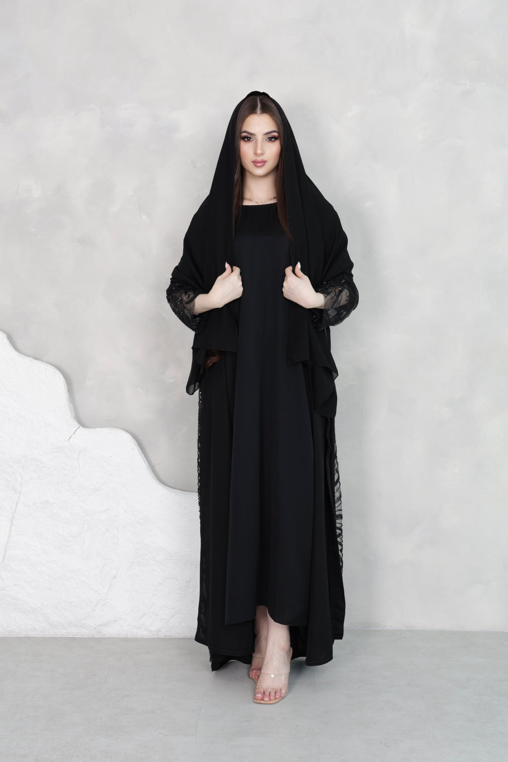 Black Sequin Abaya Set | Luxury Embellished Open Front with Matching Sheila