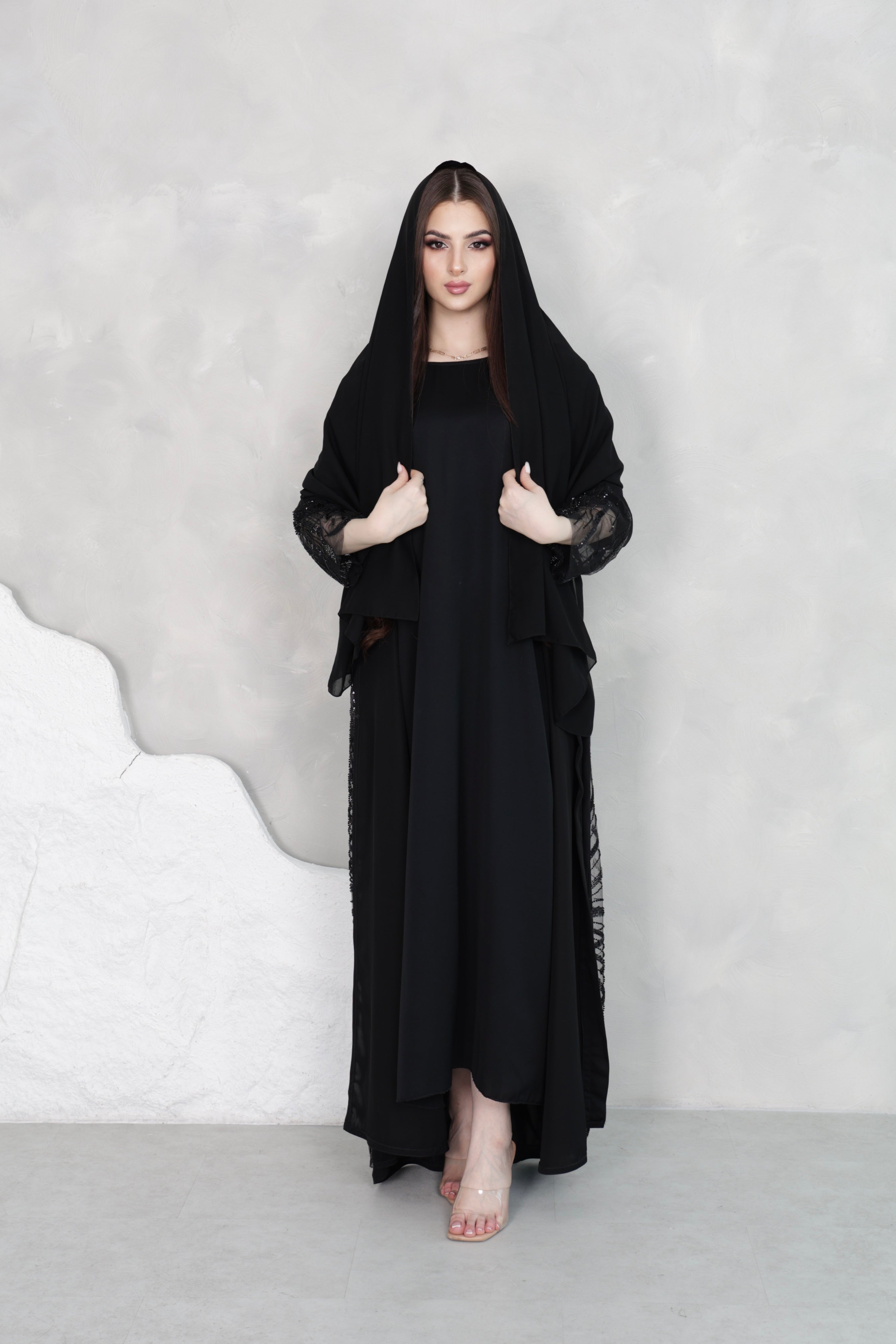 Black Sequin Abaya Set | Luxury Embellished Open Front with Matching Sheila