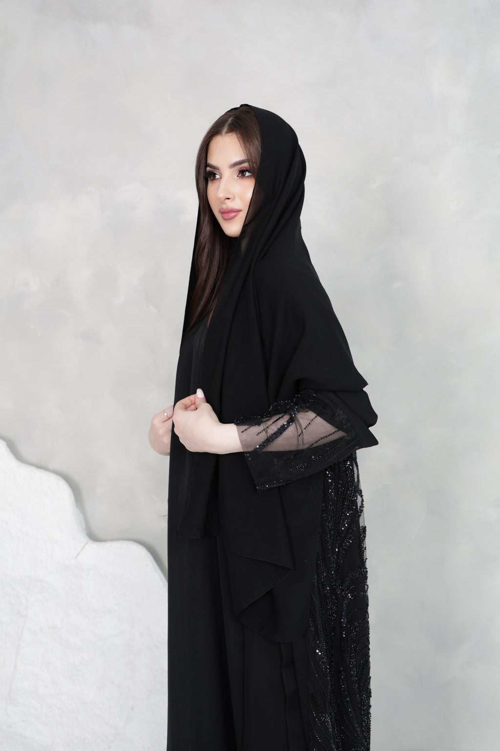 Black Sequin Abaya Set | Luxury Embellished Open Front with Matching Sheila