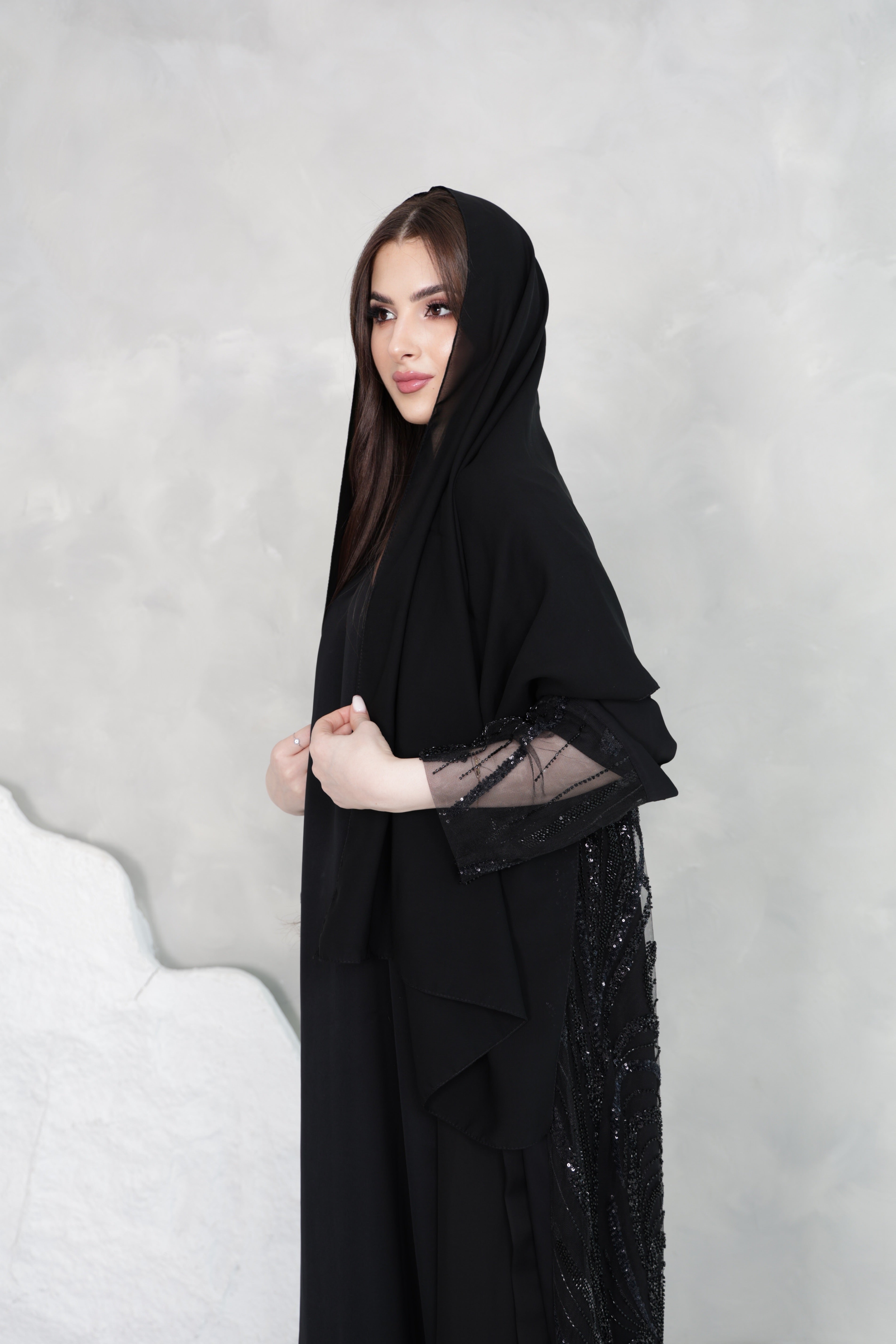 Black Sequin Abaya Set | Luxury Embellished Open Front with Matching Sheila