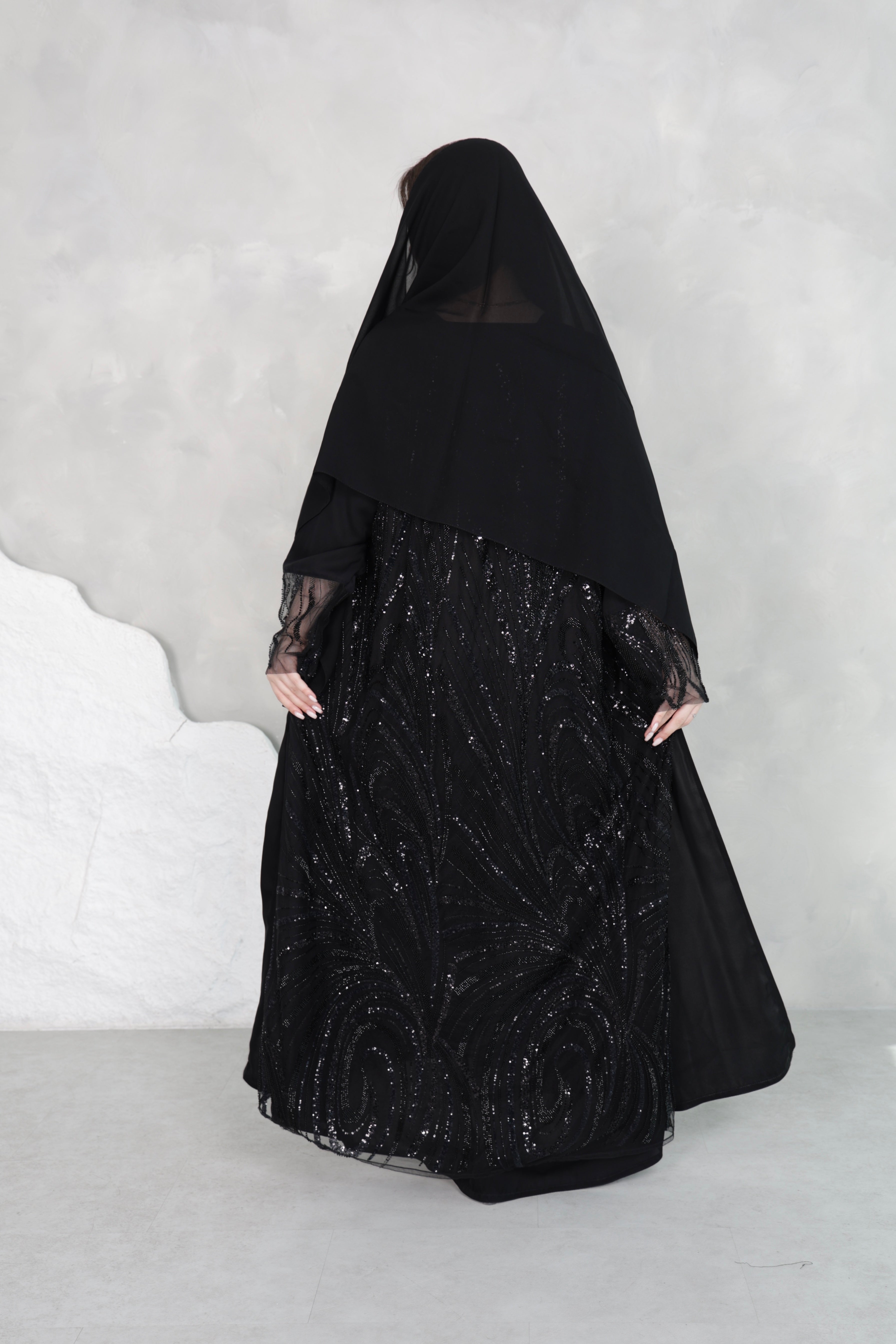 Black Sequin Abaya Set | Luxury Embellished Open Front with Matching Sheila