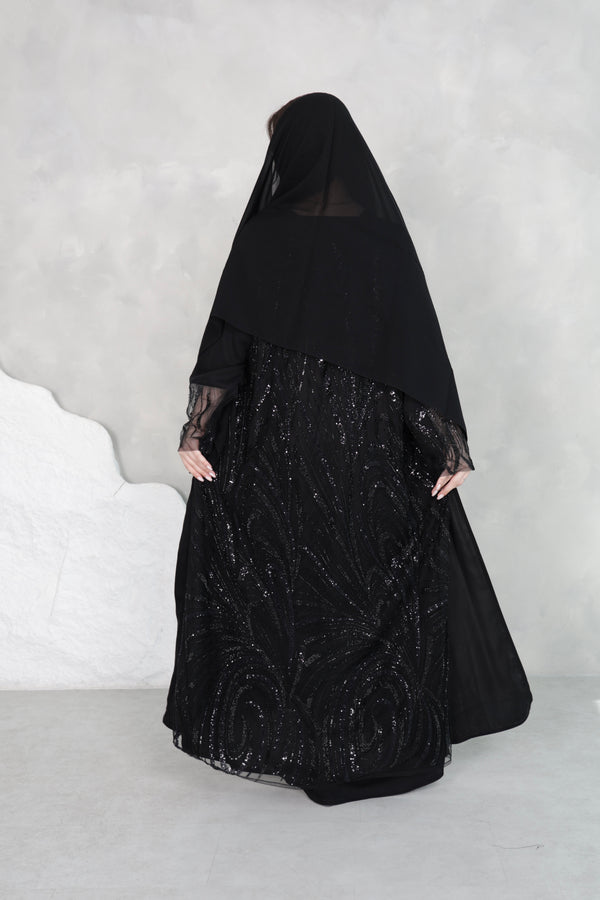 Black Sequin Abaya Set | Luxury Embellished Open Front with Matching Sheila