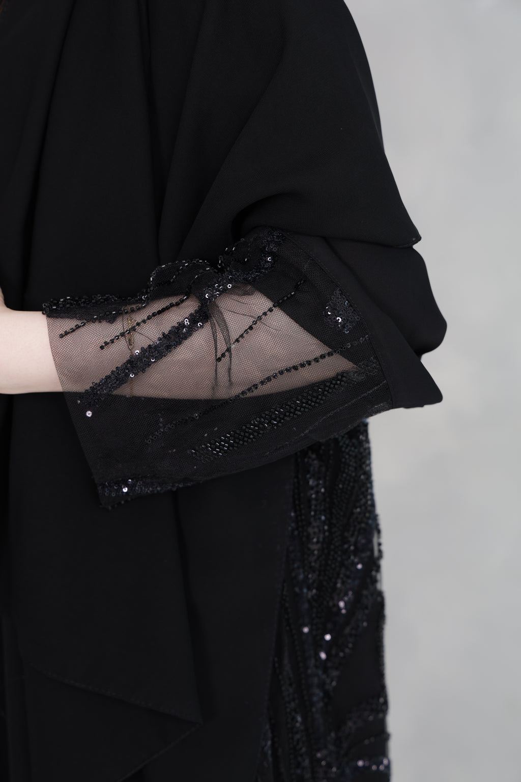 Black Sequin Abaya Set | Luxury Embellished Open Front with Matching Sheila