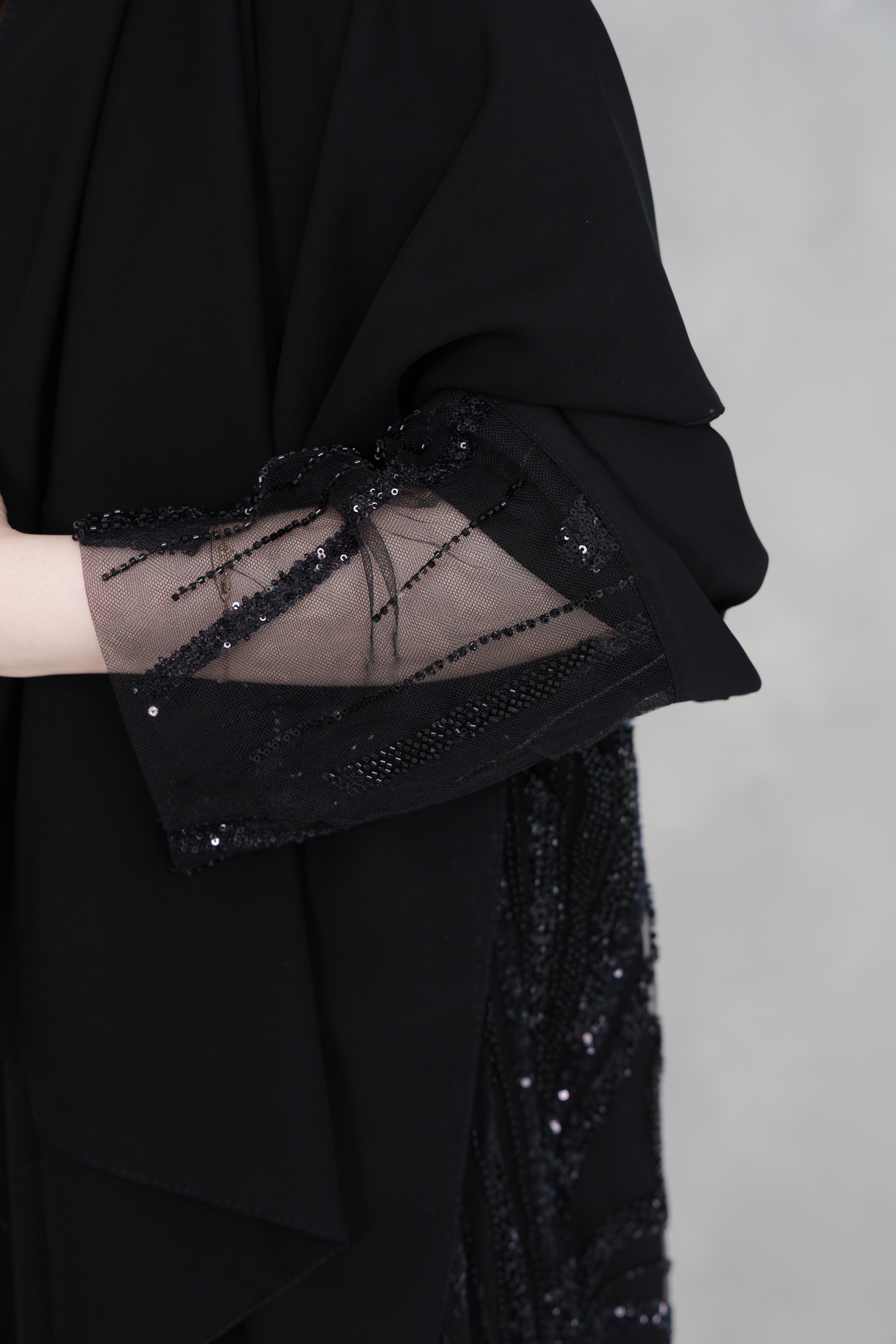 Black Sequin Abaya Set | Luxury Embellished Open Front with Matching Sheila