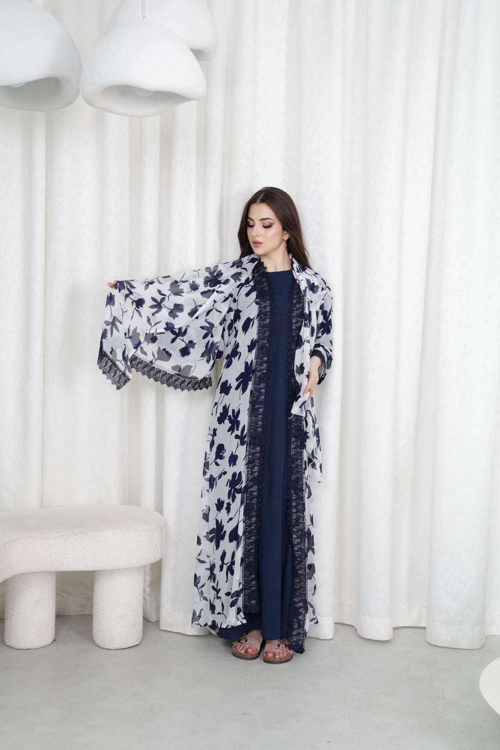 Navy Floral Abaya Set | Printed Chiffon with Lace Trim