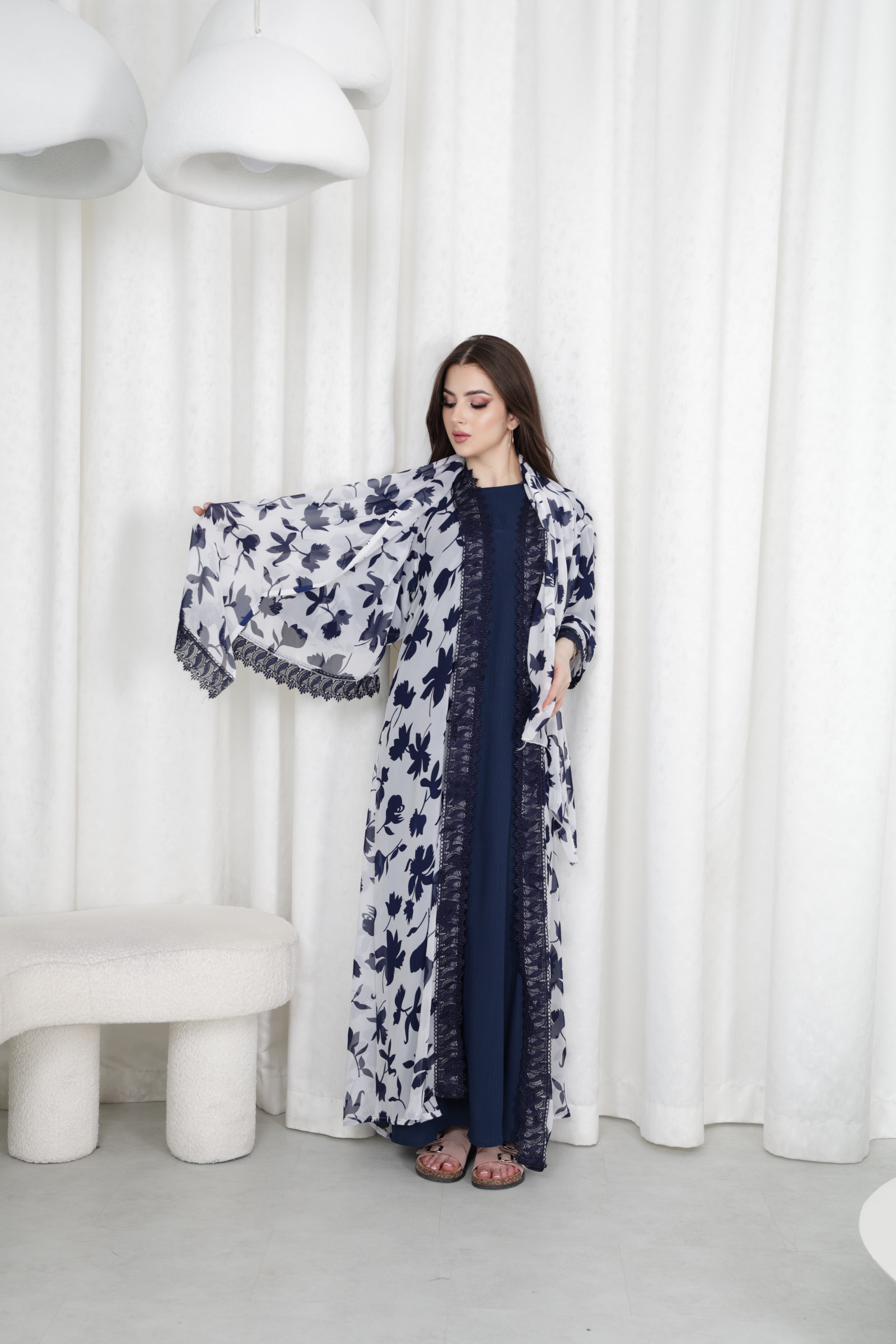 Navy Floral Abaya Set | Printed Chiffon with Lace Trim