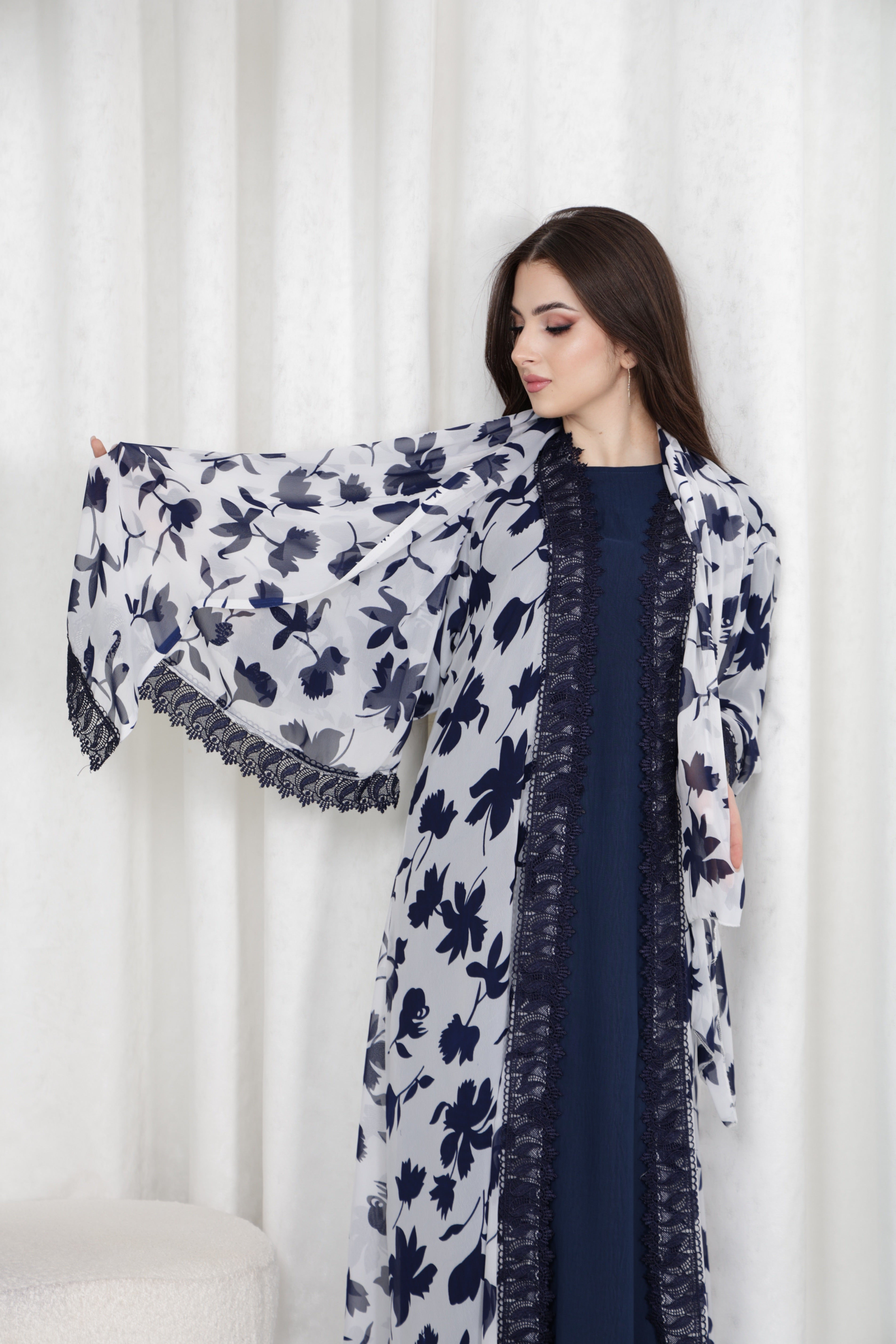 Navy Floral Abaya Set | Printed Chiffon with Lace Trim