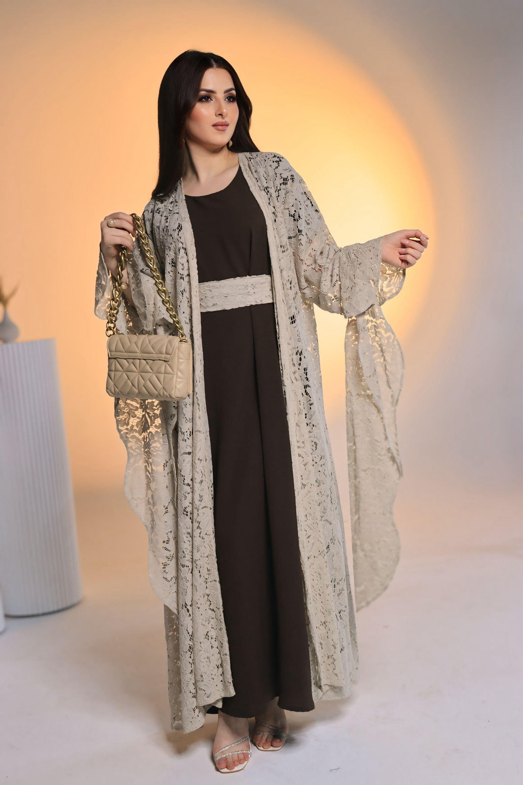 Off-White Floral 3-Piece Abaya Set with Brown Inner Dress and Matching Belt (Hezam)