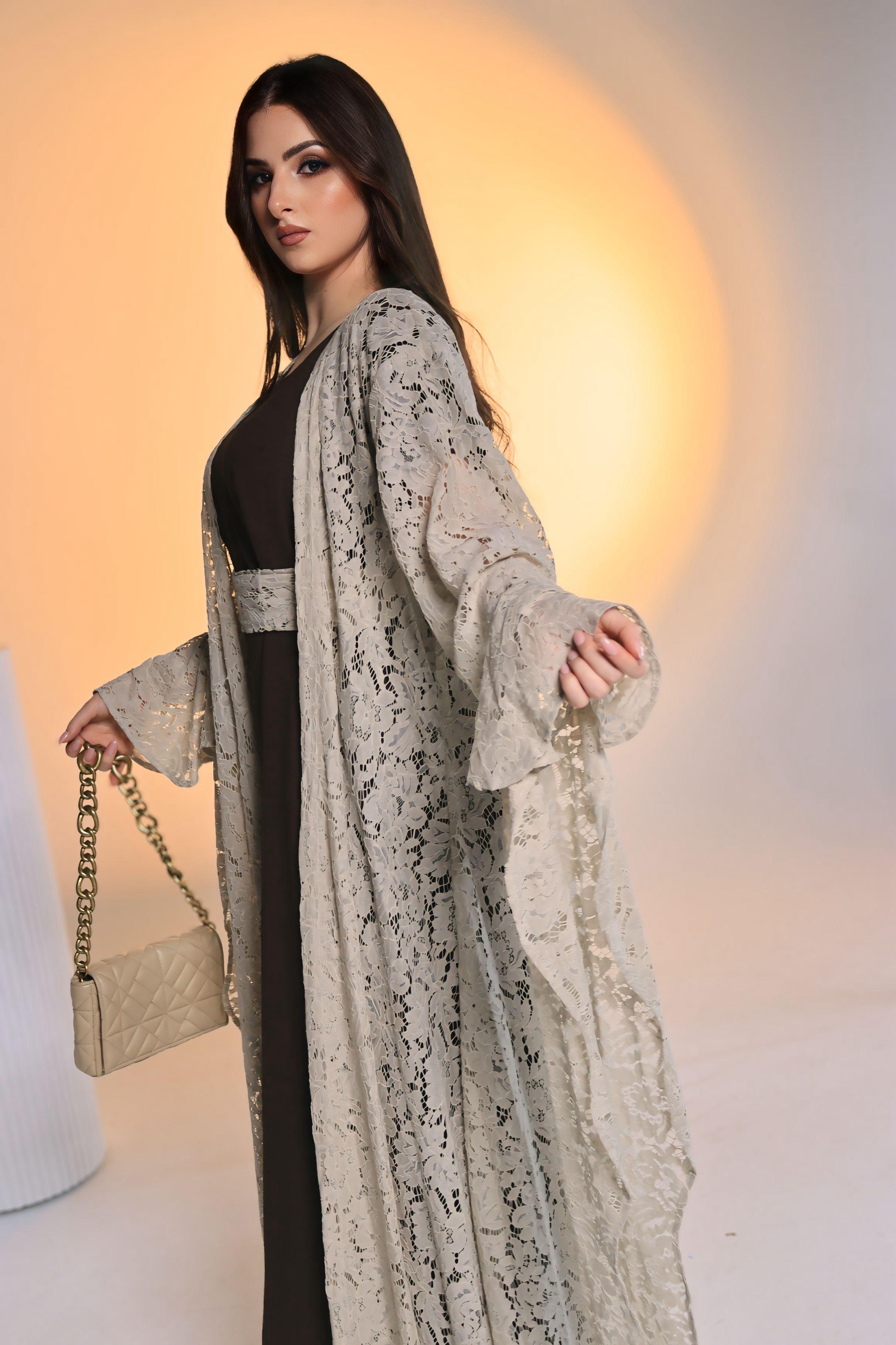 Off-White Floral 3-Piece Abaya Set with Brown Inner Dress and Matching Belt (Hezam)