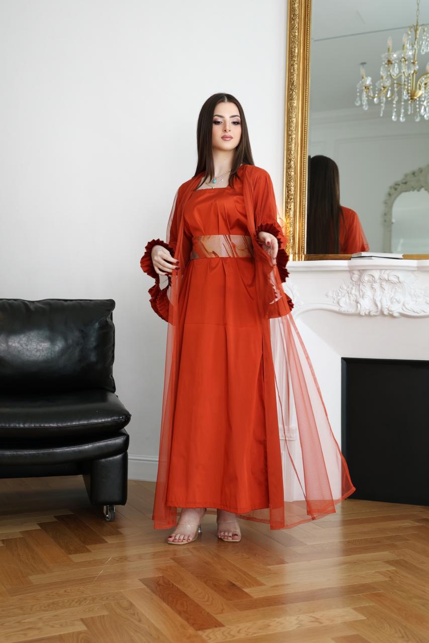 Orange abaya, abaya set, three-piece abaya, abaya with belt, Hezam abaya, luxury abaya, designer abaya, modest fashion, Dubai abaya