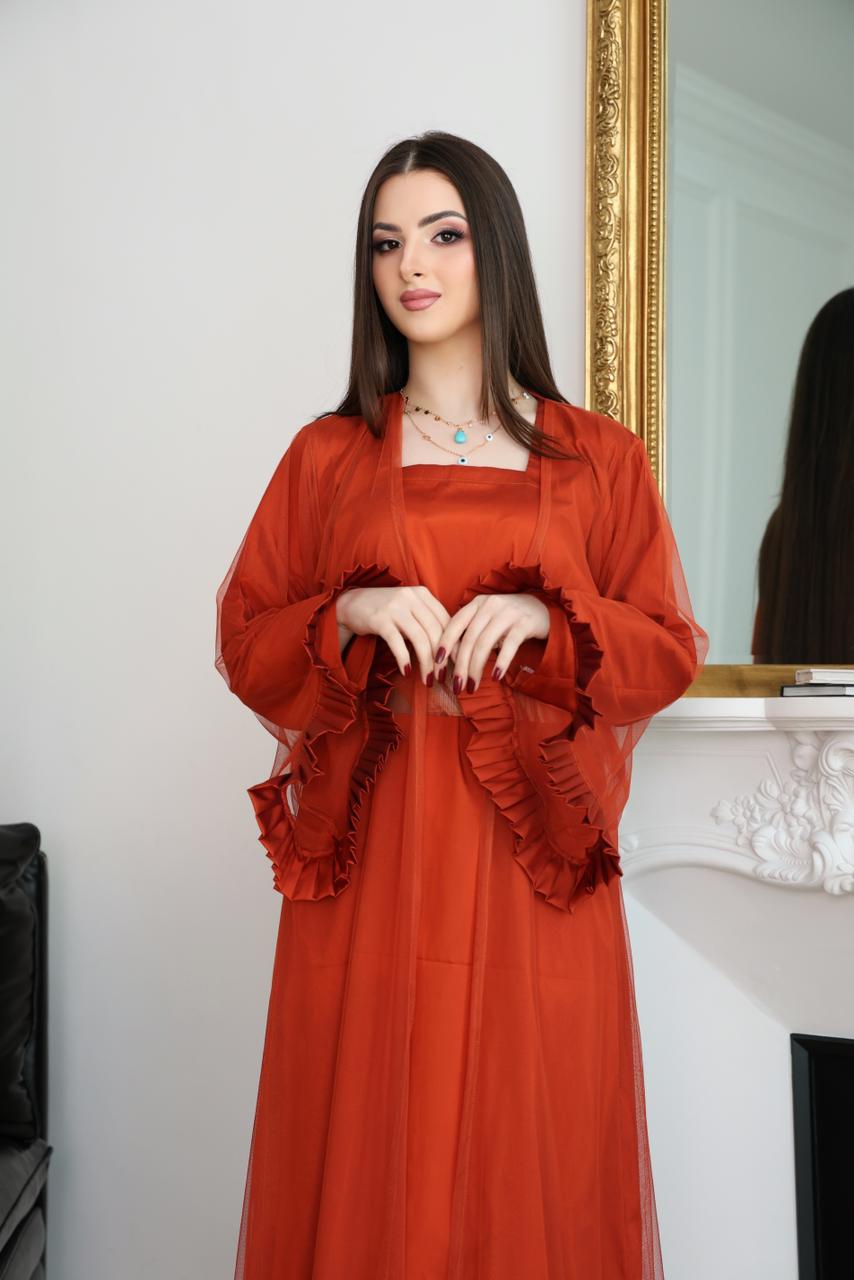 Orange abaya, abaya set, three-piece abaya, abaya with belt, Hezam abaya, luxury abaya, designer abaya, modest fashion, Dubai abaya