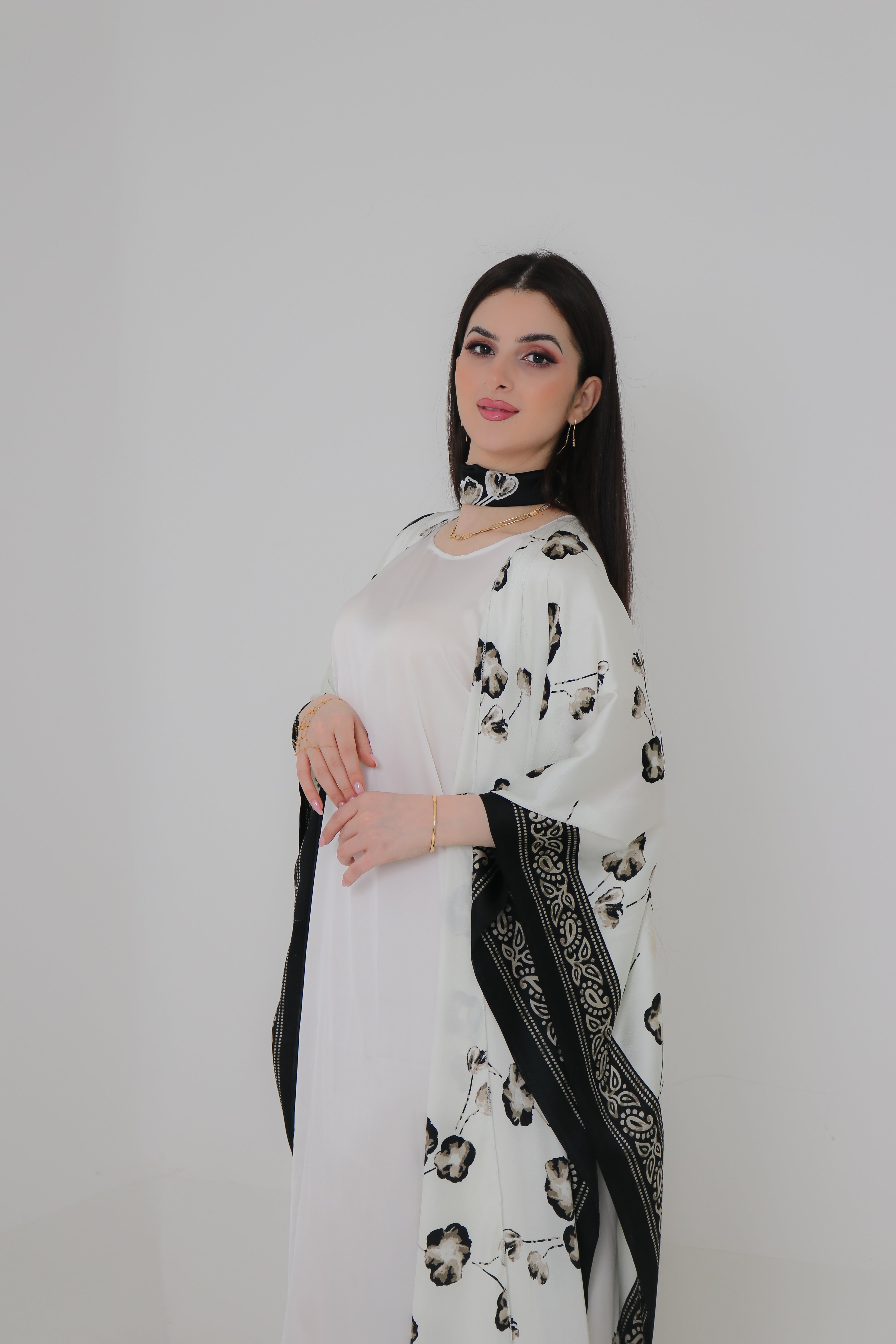 White & Black Floral Kaftan Abaya | Indian Silk with Paisley Border