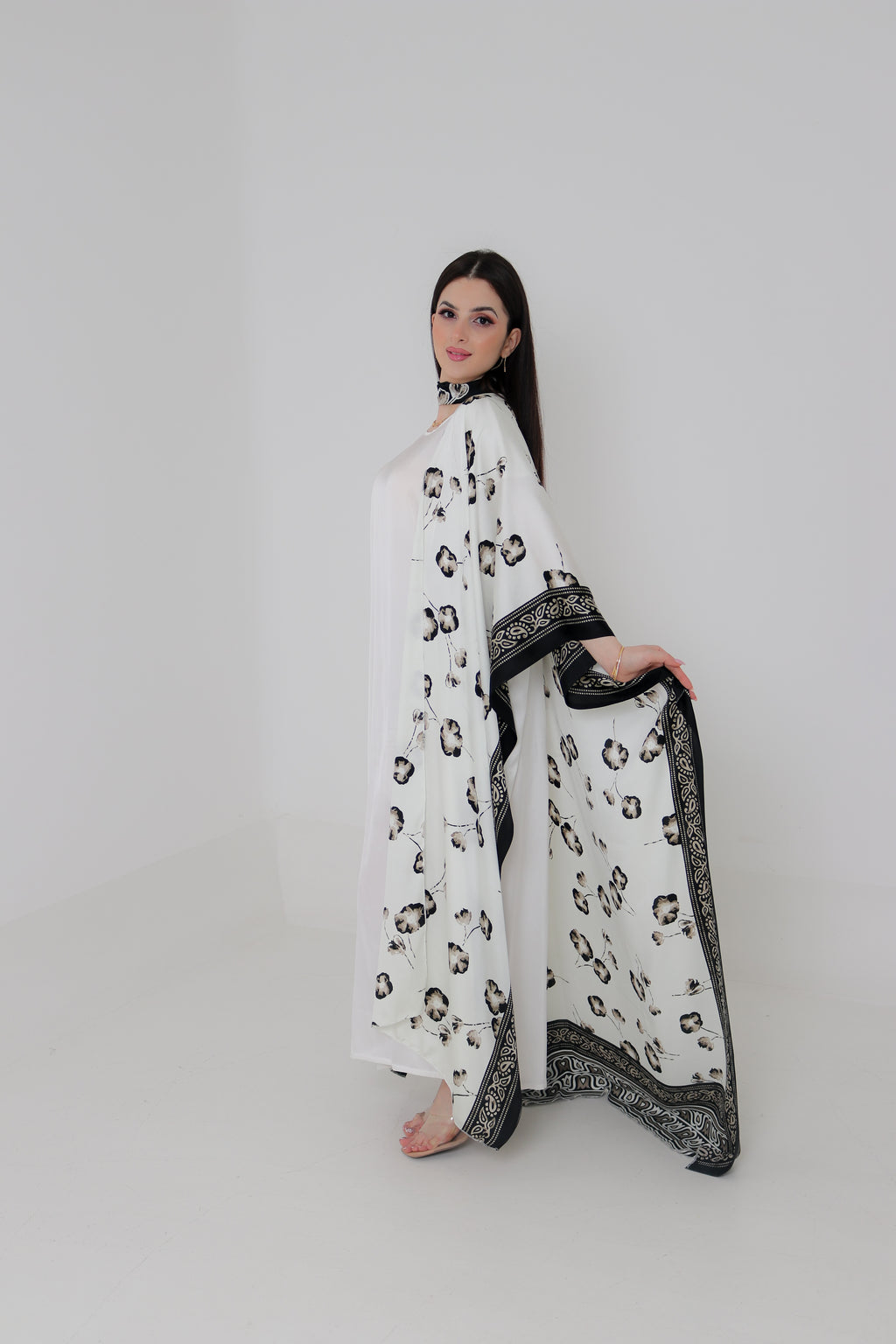 White & Black Floral Kaftan Abaya | Indian Silk with Paisley Border