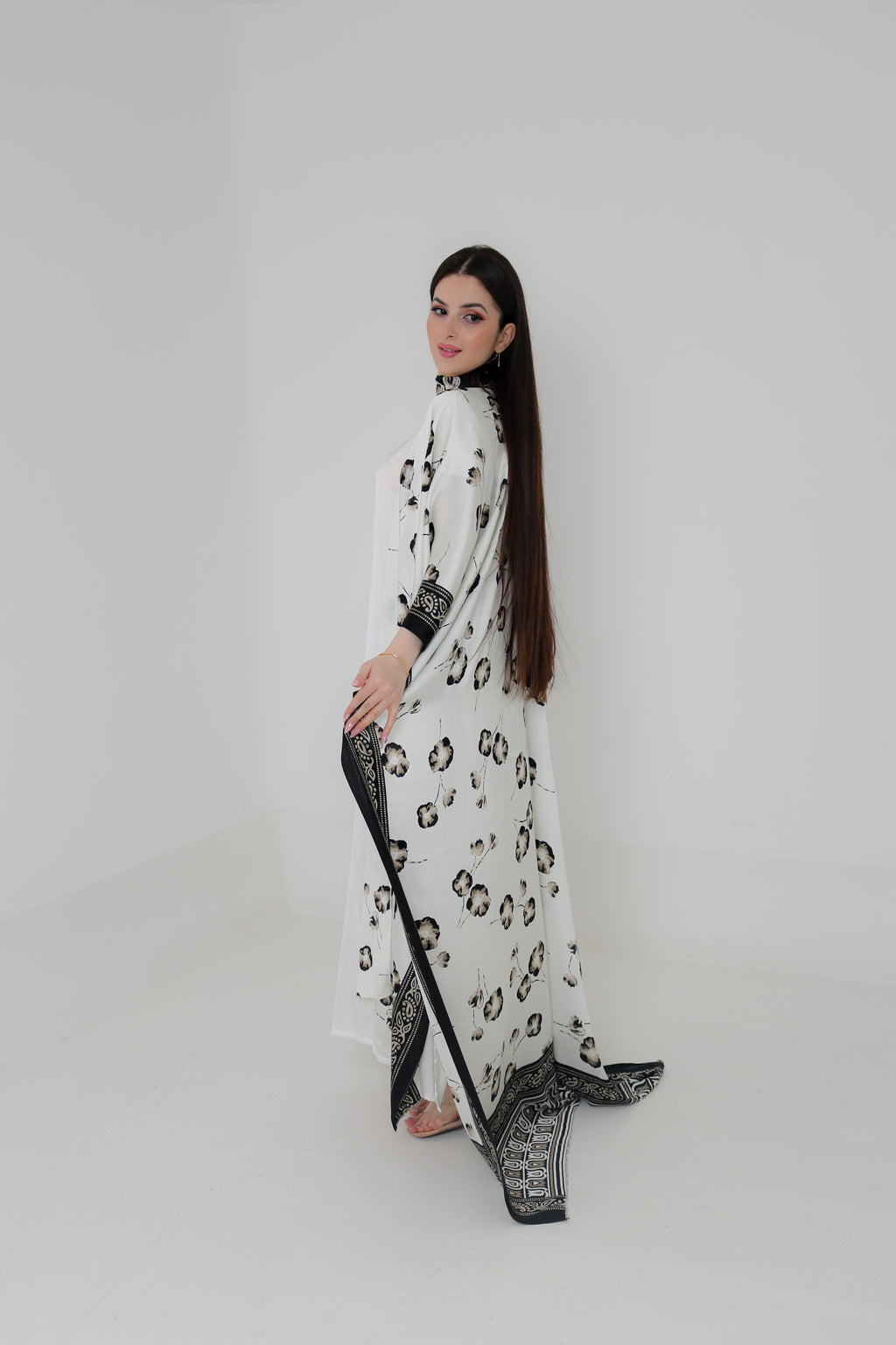 White & Black Floral Kaftan Abaya | Indian Silk with Paisley Border