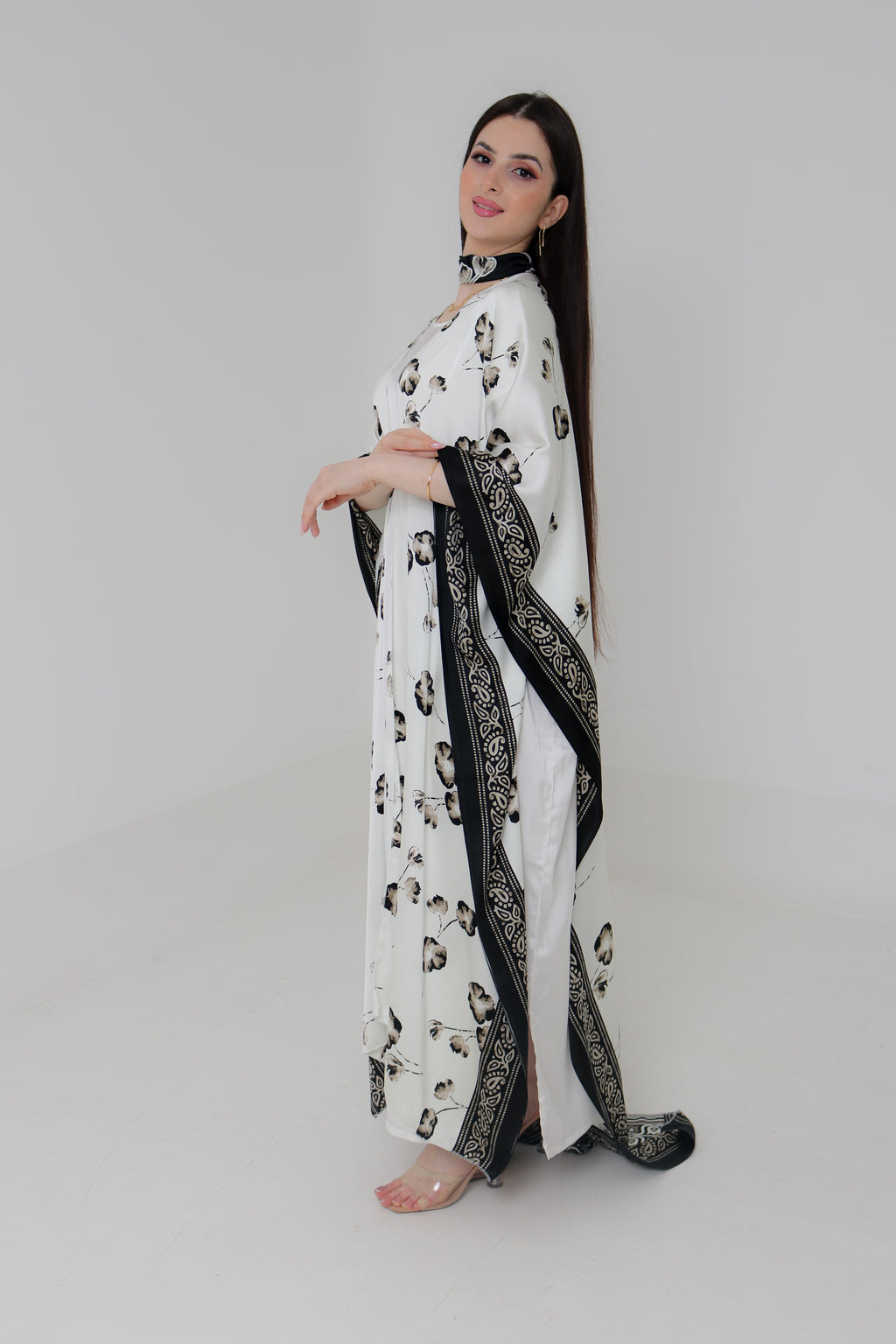 White & Black Floral Kaftan Abaya | Indian Silk with Paisley Border