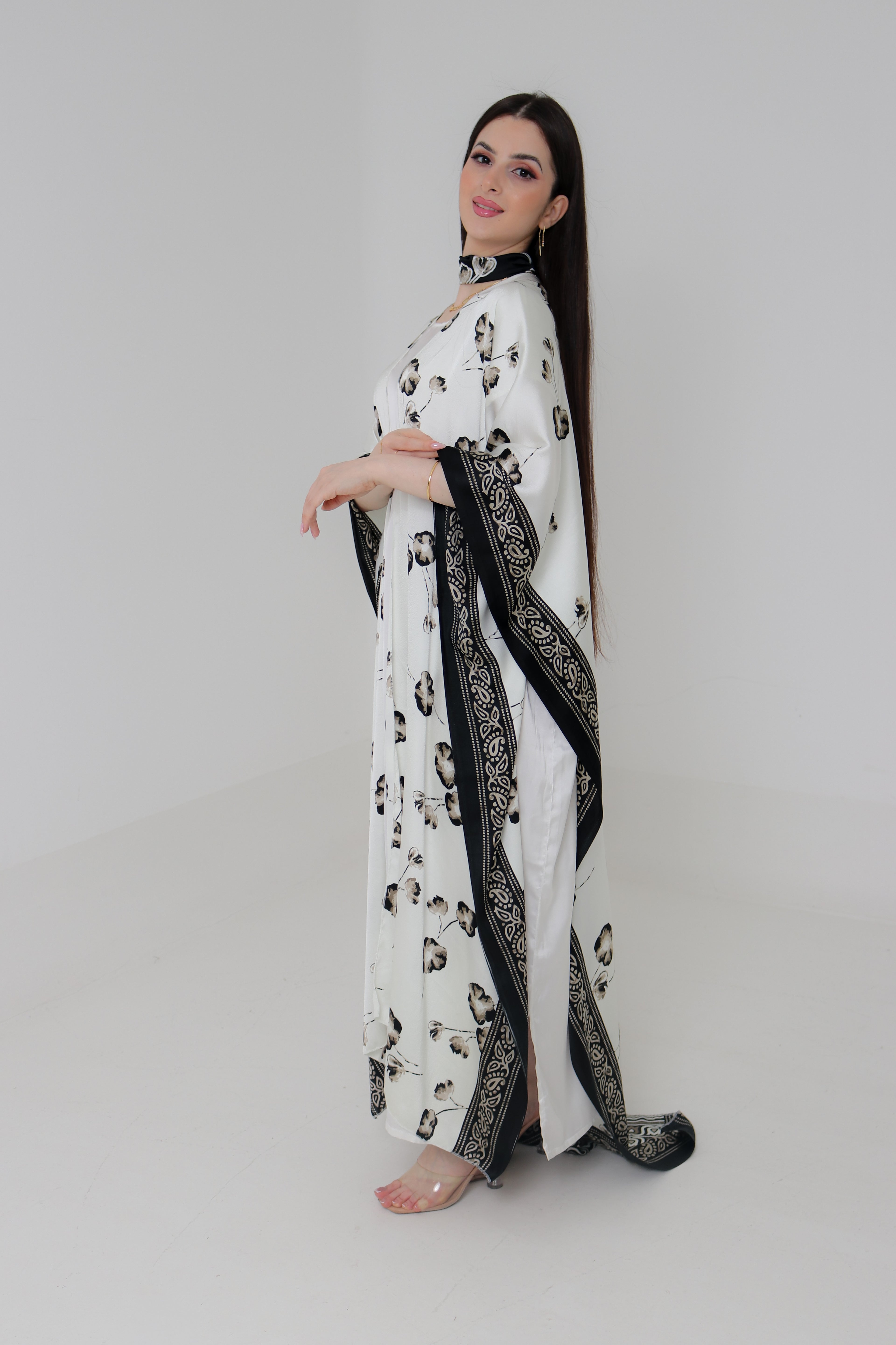 White & Black Floral Kaftan Abaya | Indian Silk with Paisley Border