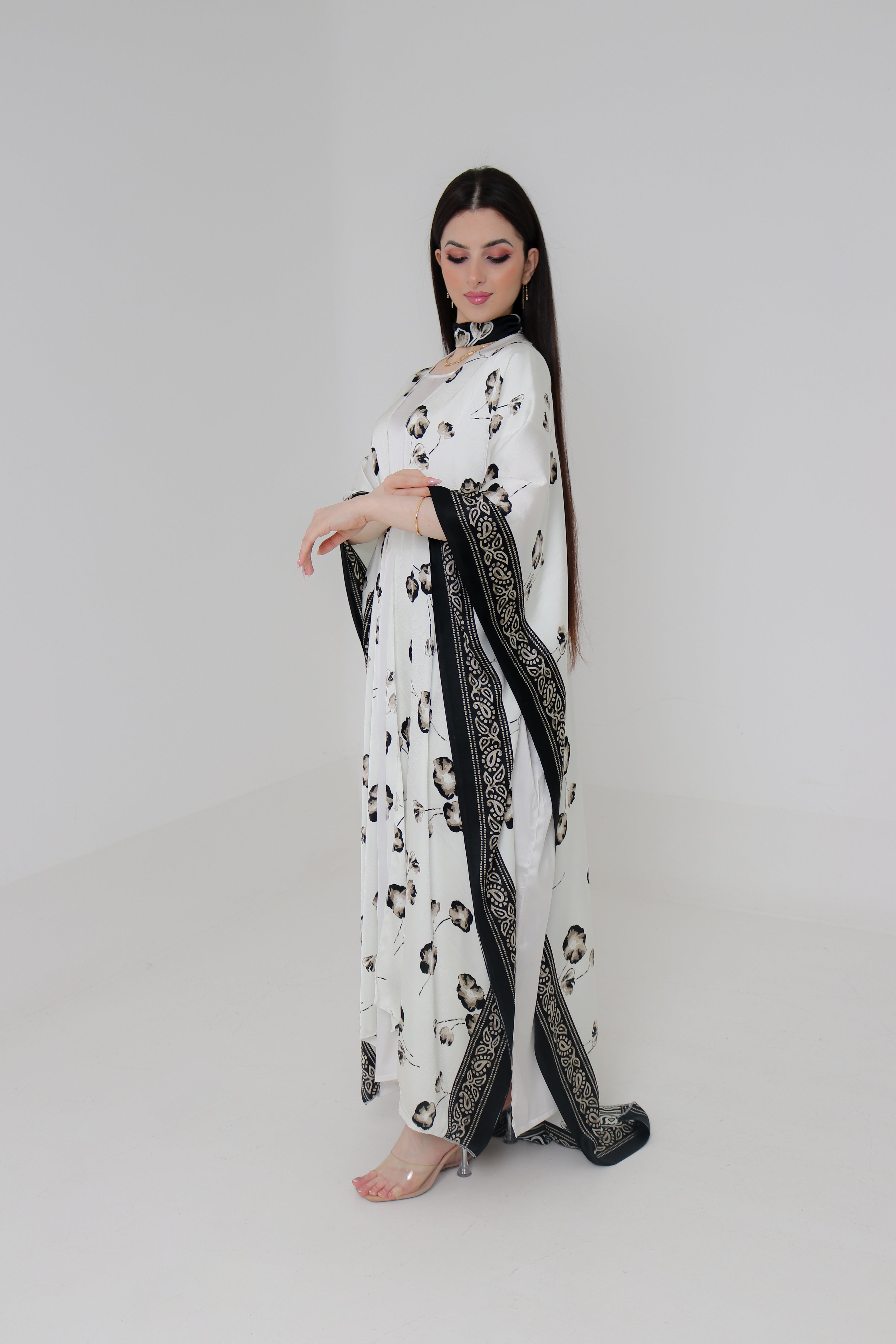 White & Black Floral Kaftan Abaya | Indian Silk with Paisley Border