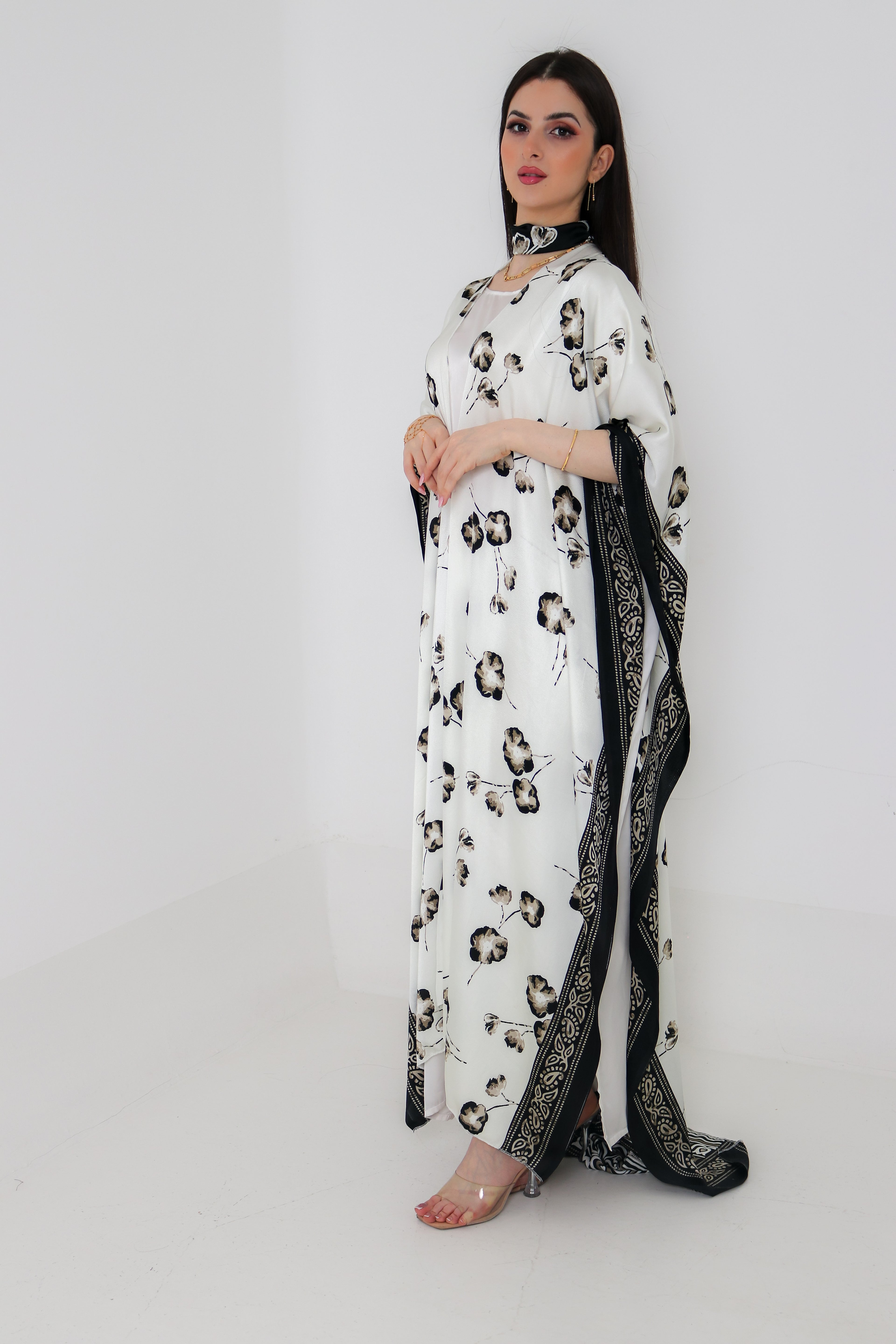 White & Black Floral Kaftan Abaya | Indian Silk with Paisley Border