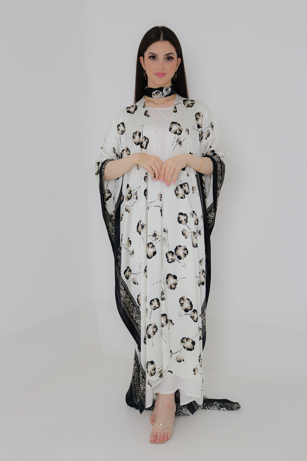 White & Black Floral Kaftan Abaya | Indian Silk with Paisley Border