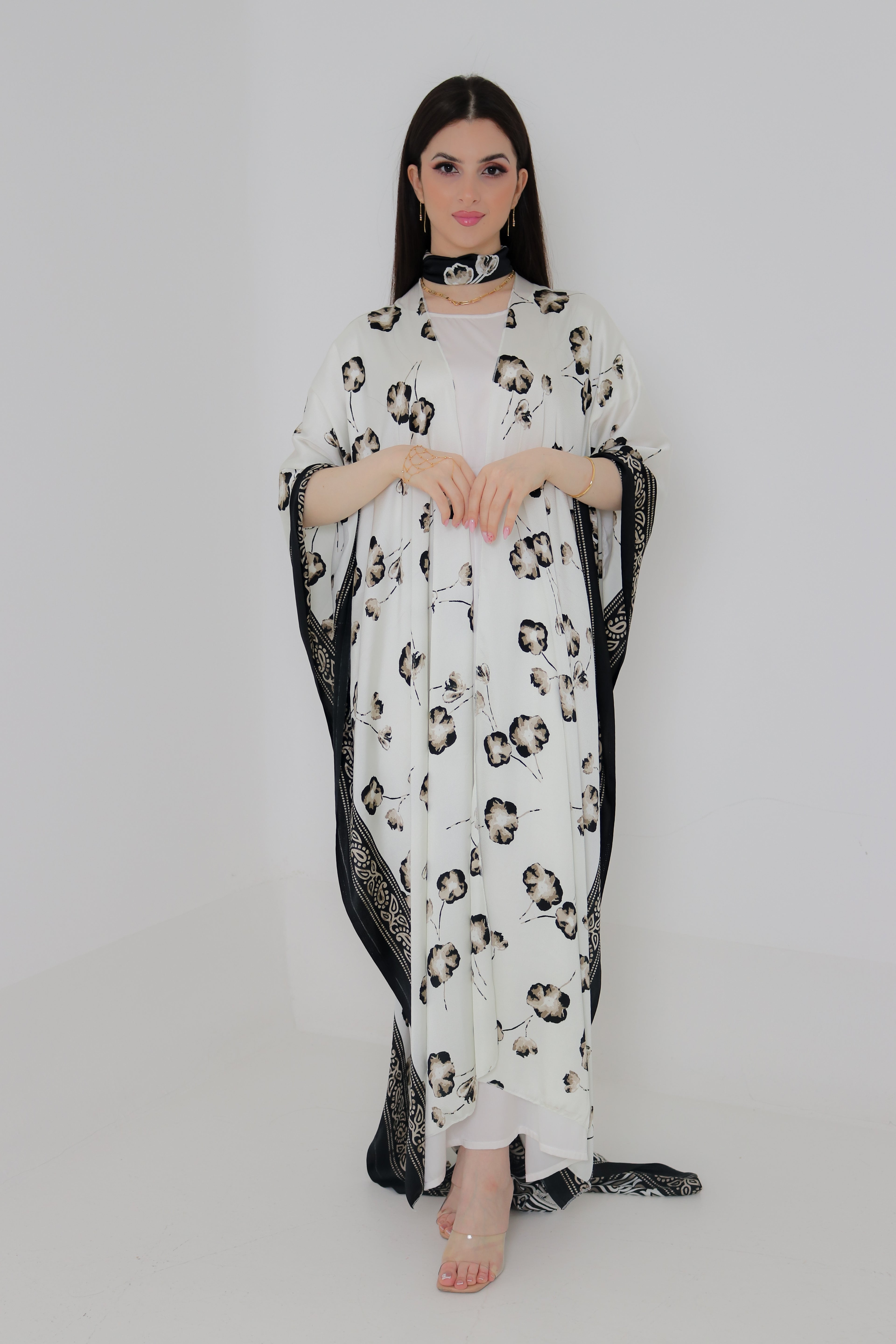 White & Black Floral Kaftan Abaya | Indian Silk with Paisley Border