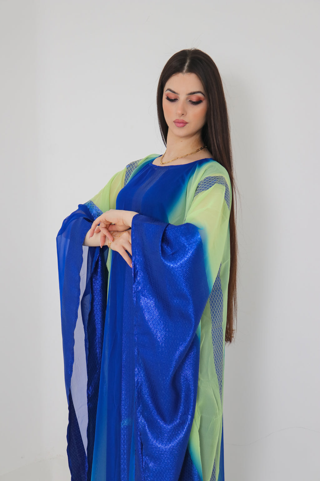 Royal Blue & Green Ombre Abaya UAE | Shimmer Kaftan Style Abaya