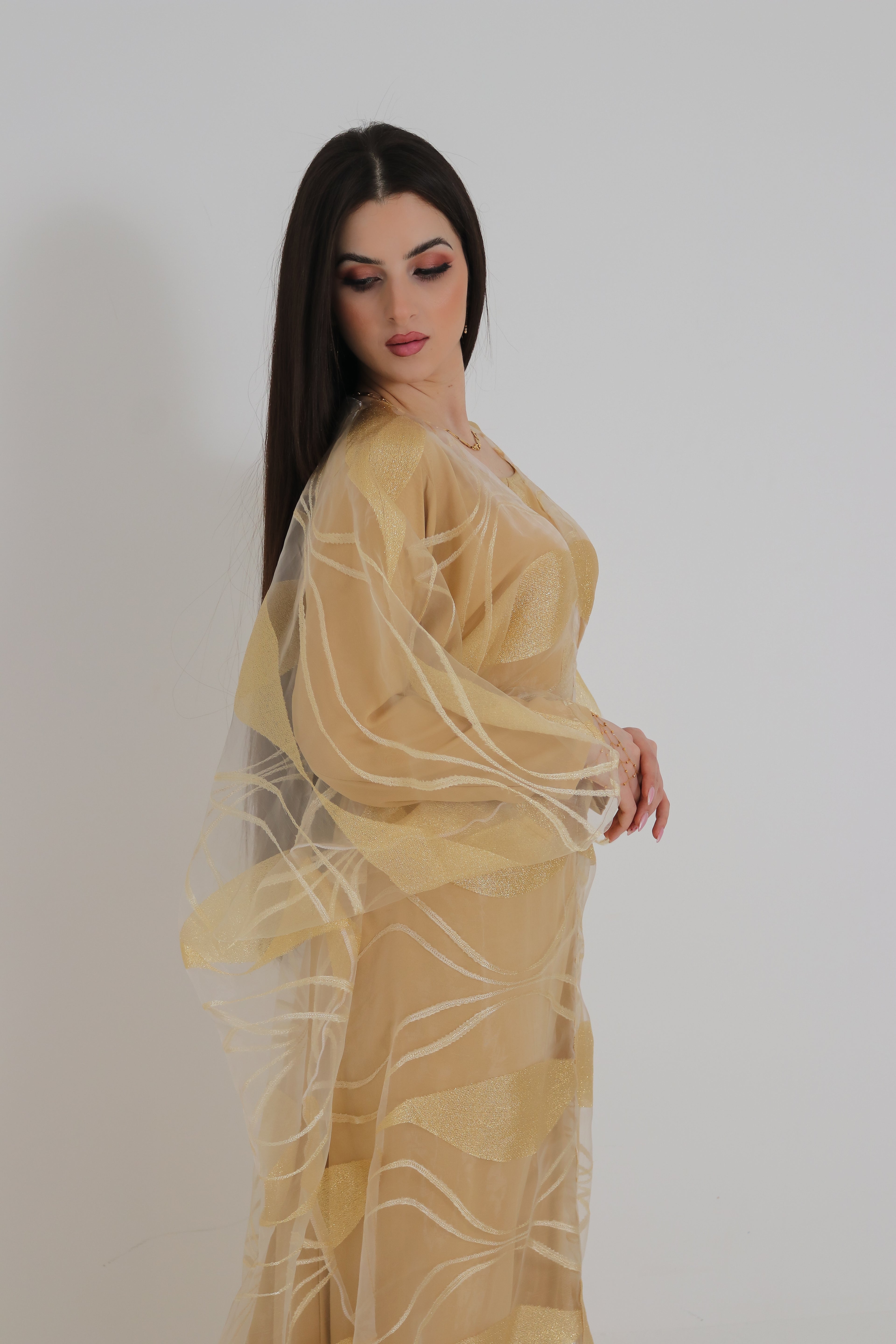 Gold Organza Abaya | Shimmer Leaf Pattern Sheer Abaya