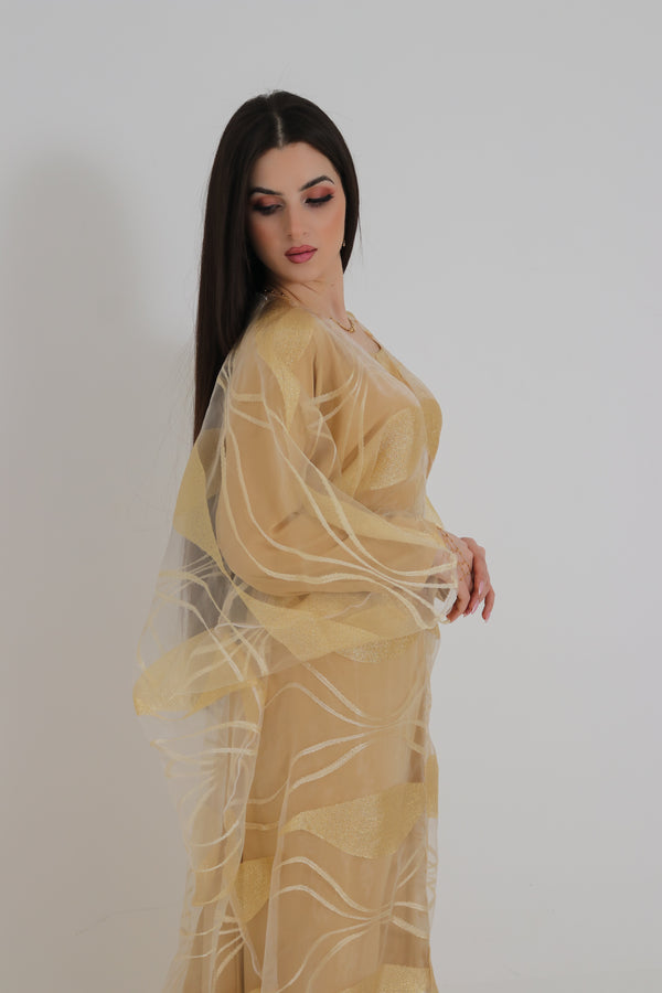 Gold Organza Abaya | Shimmer Leaf Pattern Sheer Abaya