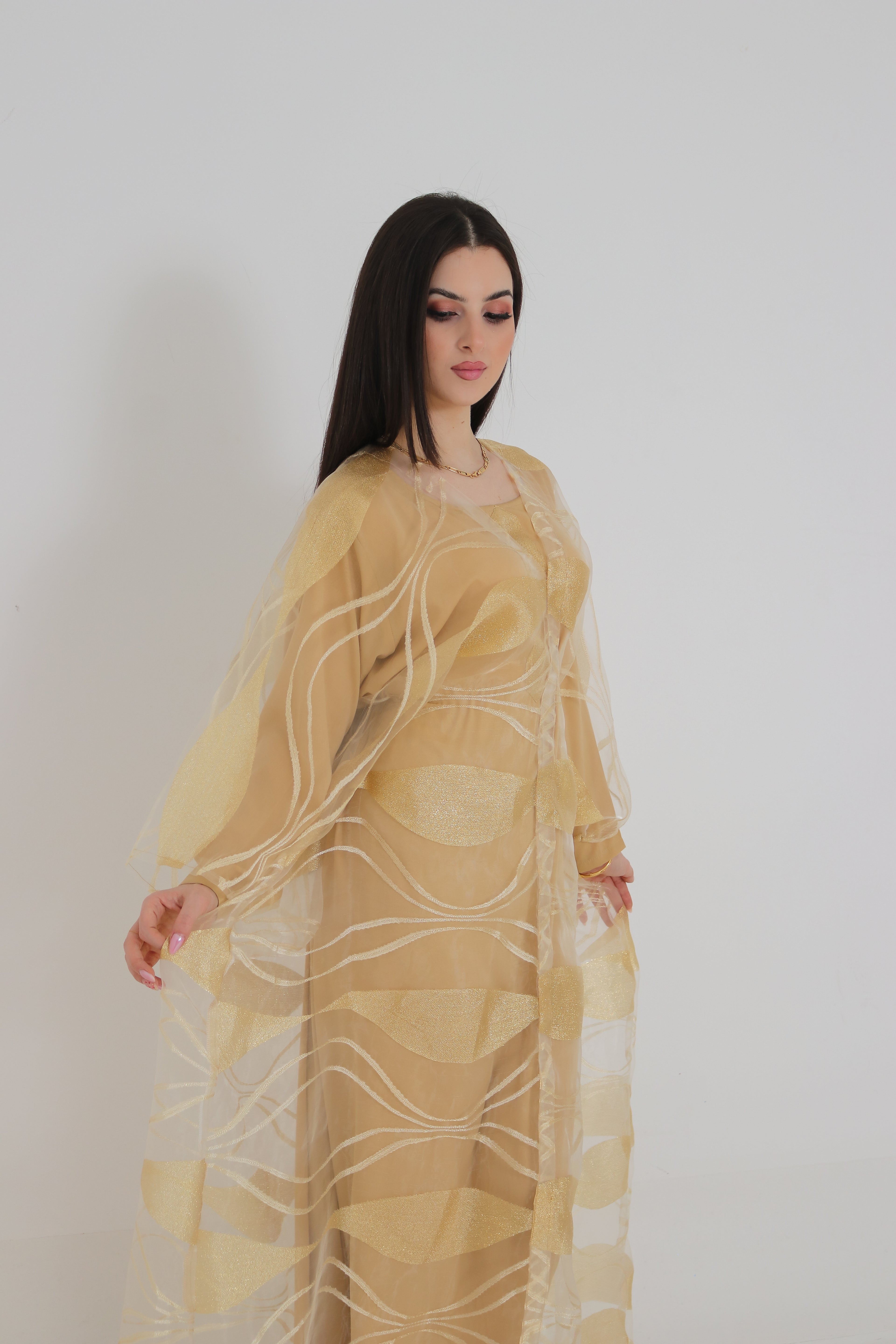 Gold Organza Abaya | Shimmer Leaf Pattern Sheer Abaya