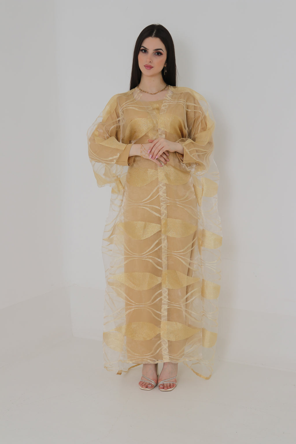 Gold Organza Abaya | Shimmer Leaf Pattern Sheer Abaya