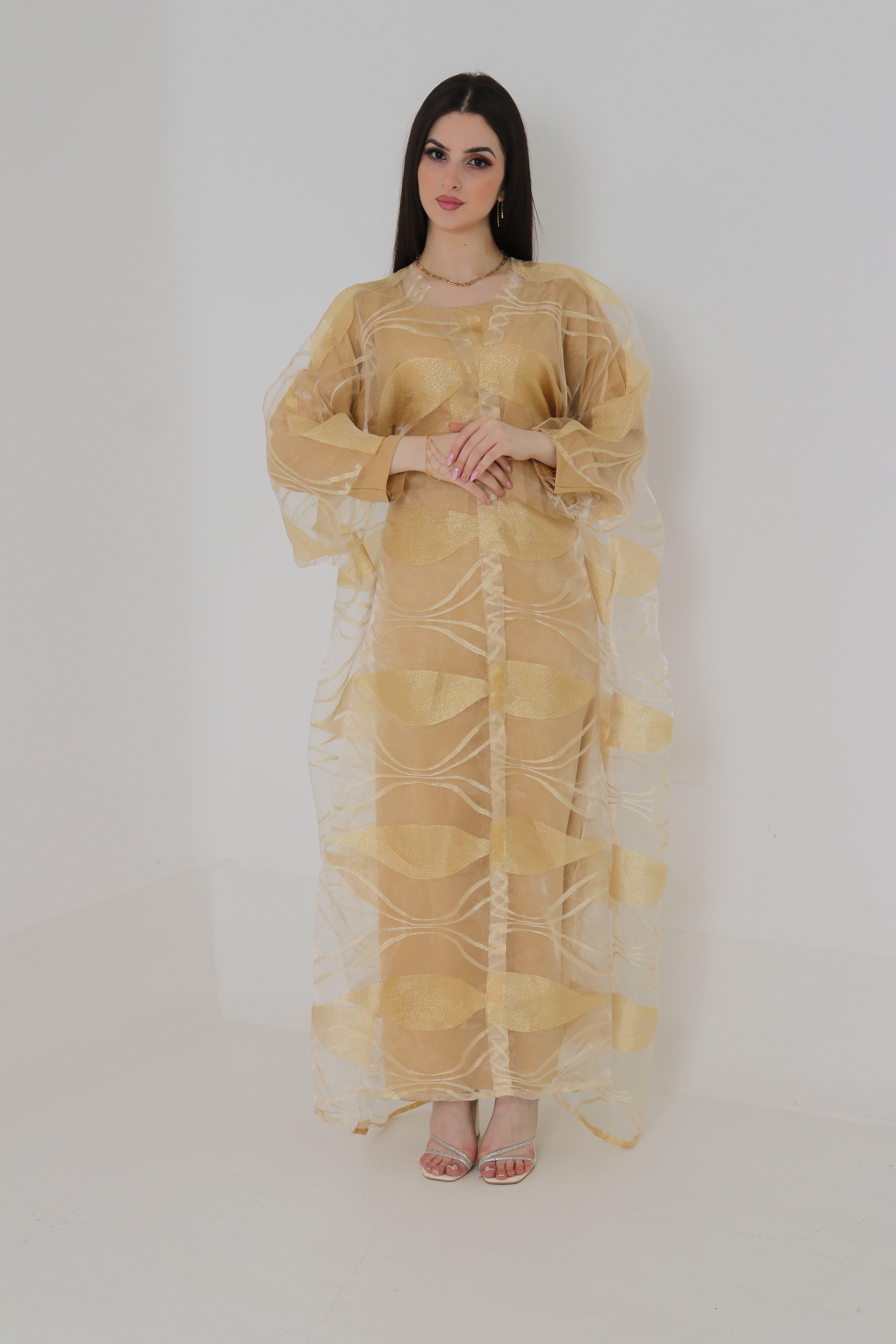 Gold Organza Abaya | Shimmer Leaf Pattern Sheer Abaya