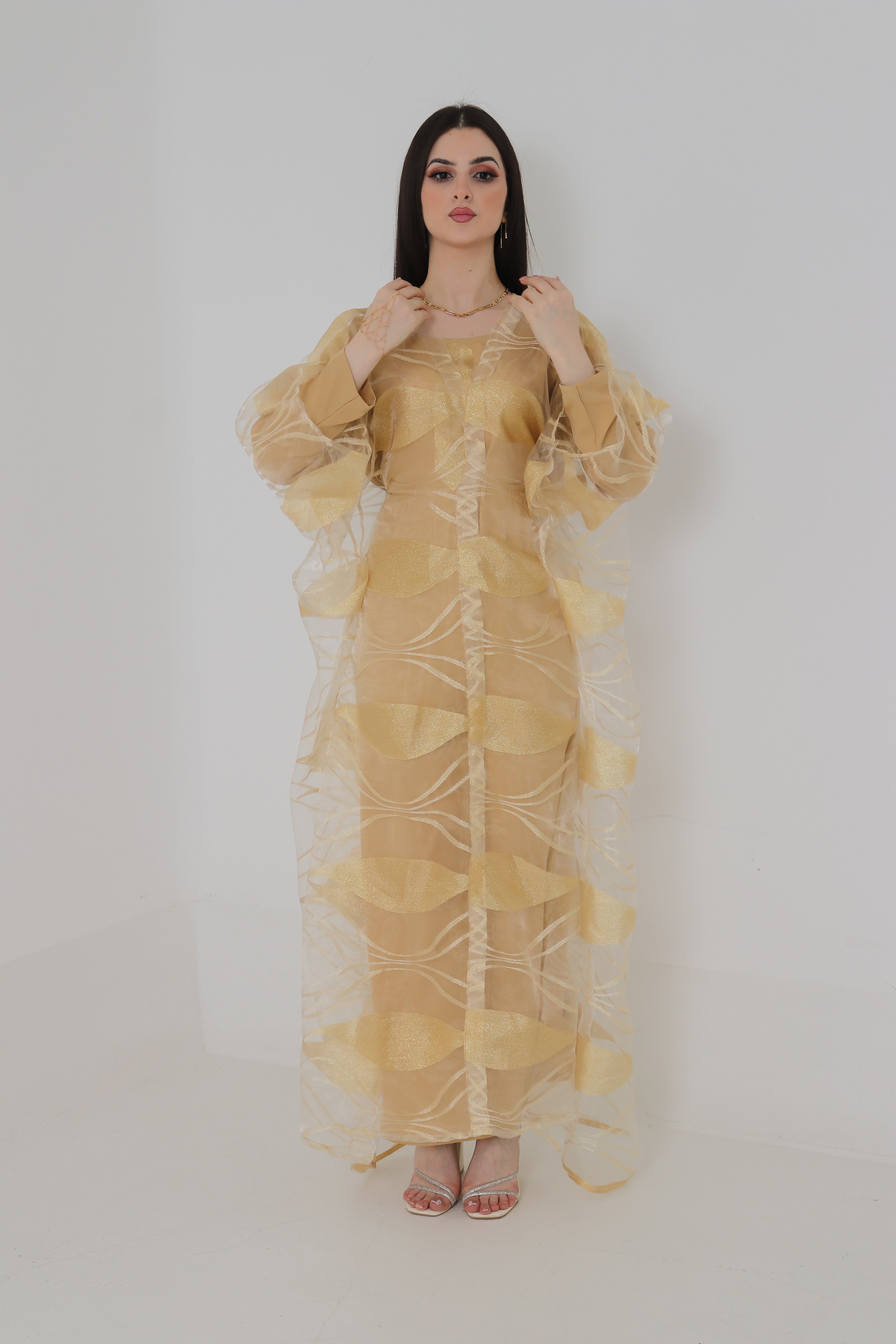 Gold Organza Abaya | Shimmer Leaf Pattern Sheer Abaya