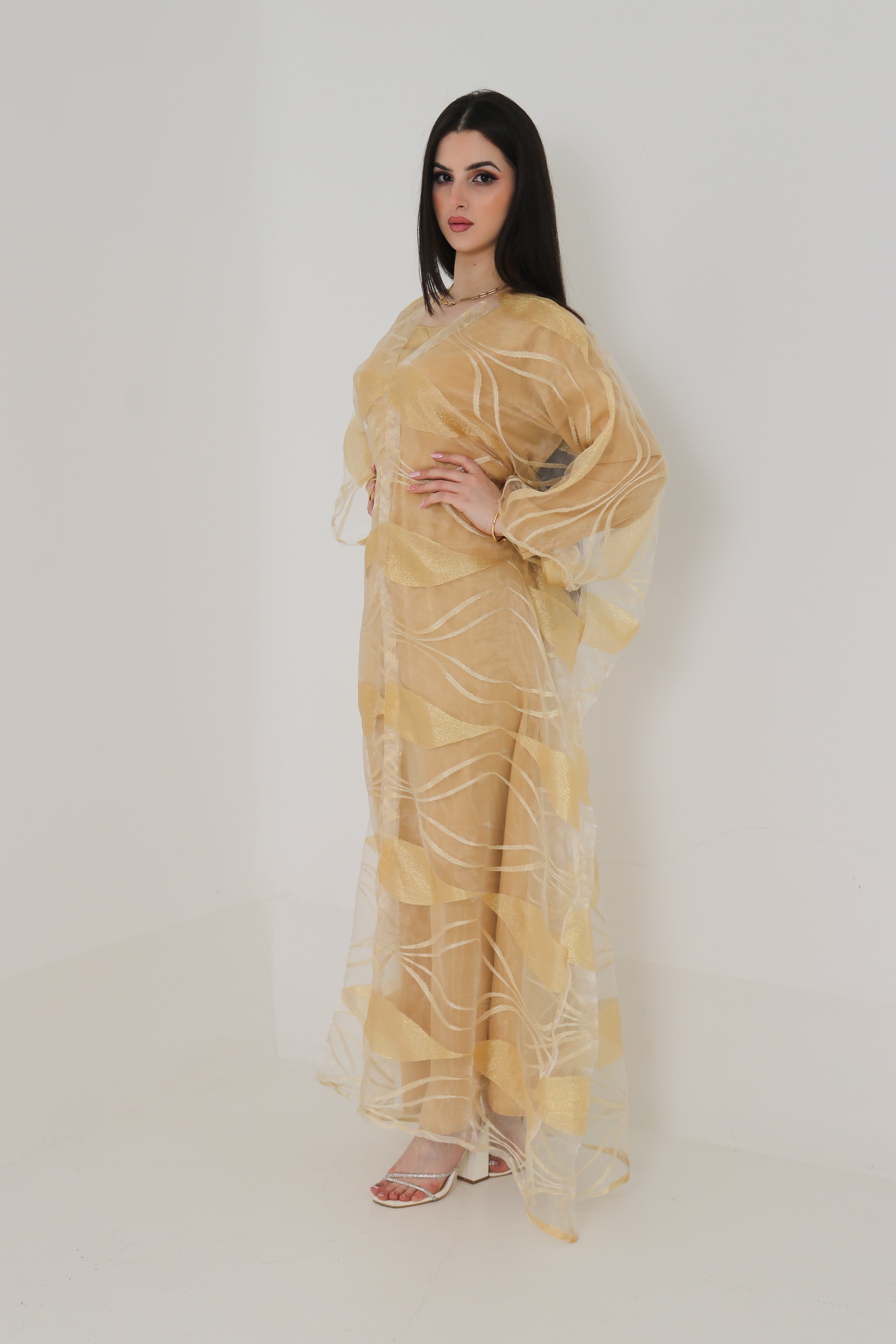 Gold Organza Abaya | Shimmer Leaf Pattern Sheer Abaya