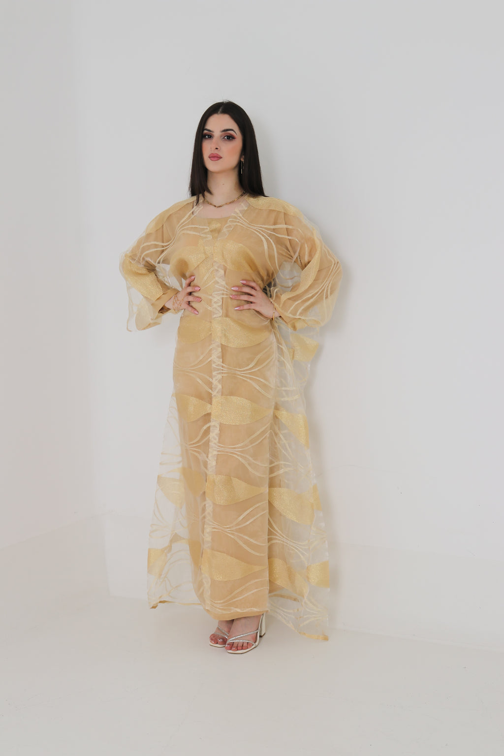 Gold Organza Abaya | Shimmer Leaf Pattern Sheer Abaya