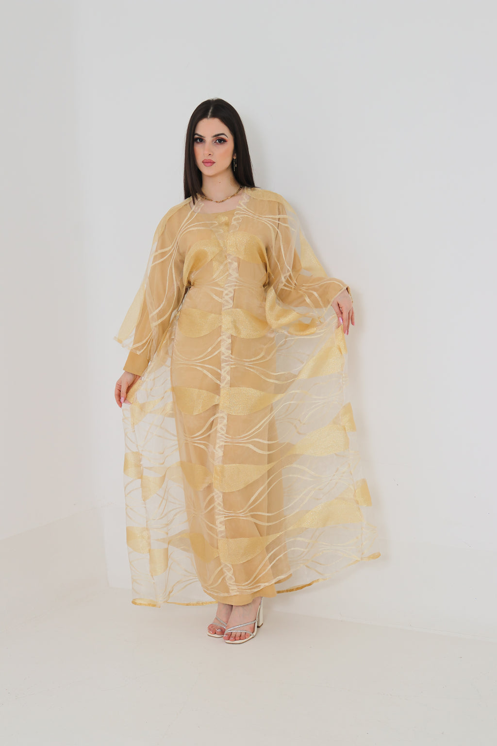Gold Organza Abaya | Shimmer Leaf Pattern Sheer Abaya