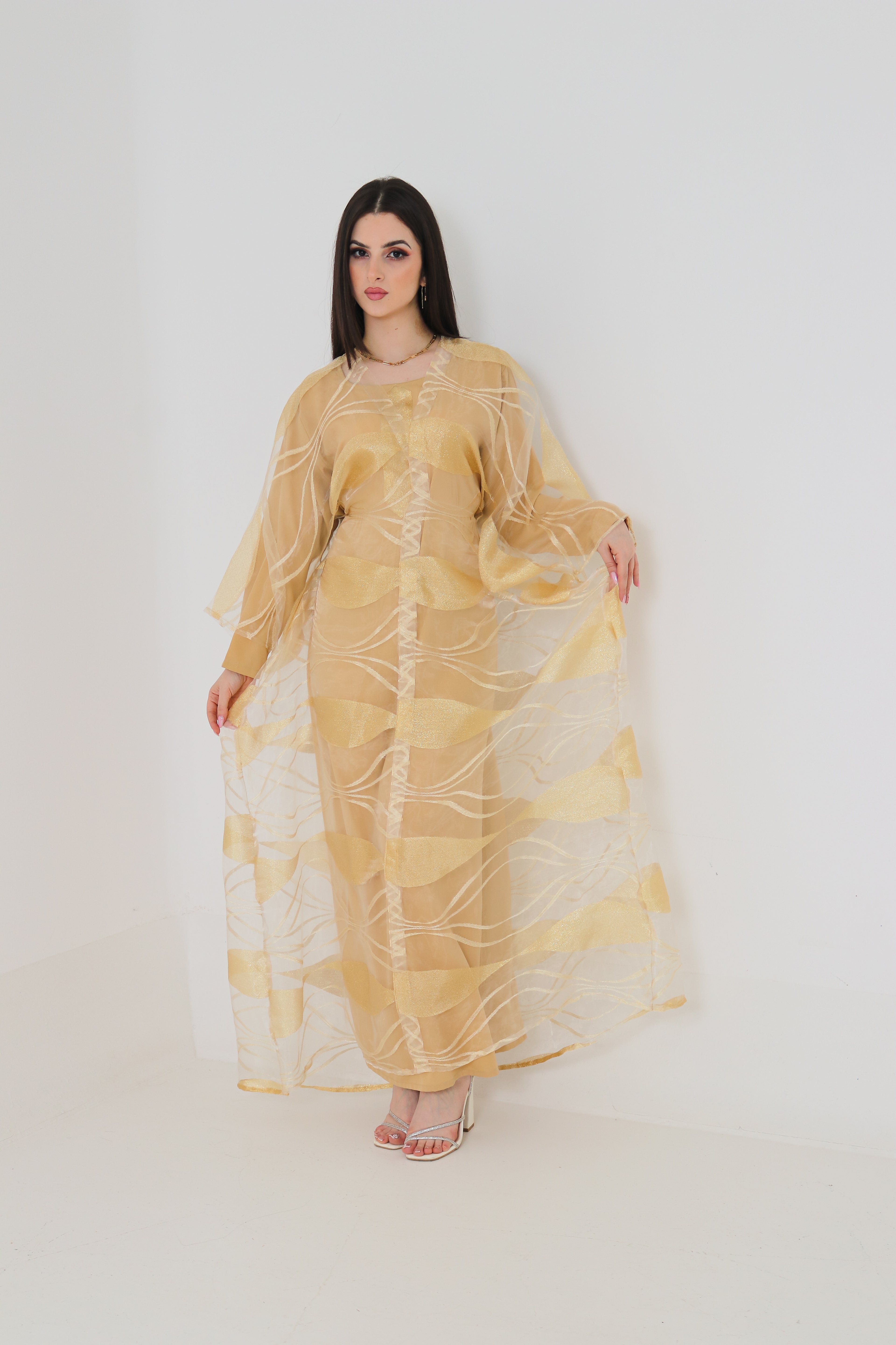 Gold Organza Abaya | Shimmer Leaf Pattern Sheer Abaya