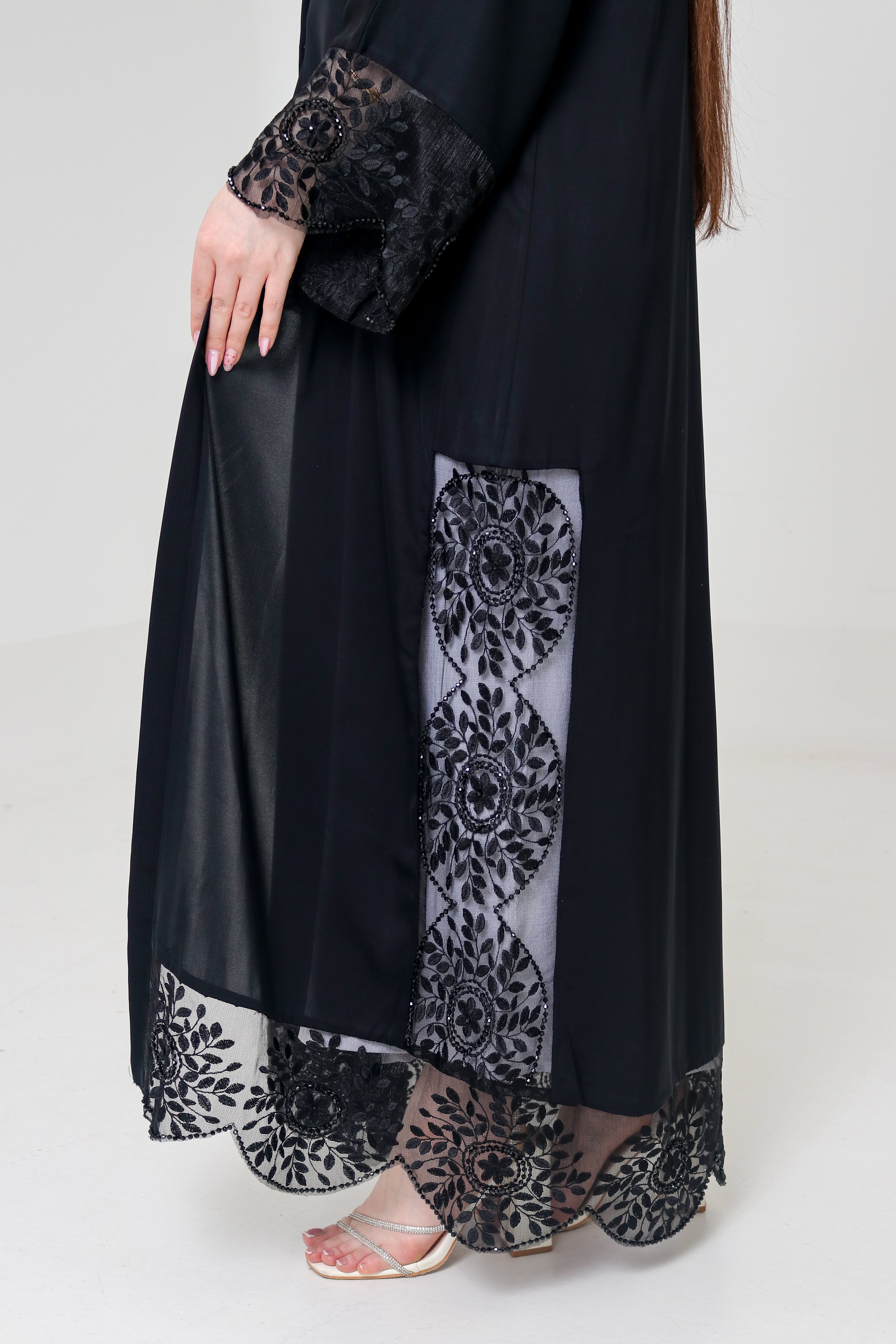 Black Embroidered Abaya | Floral Lace Panel & Beaded Cuff Detail