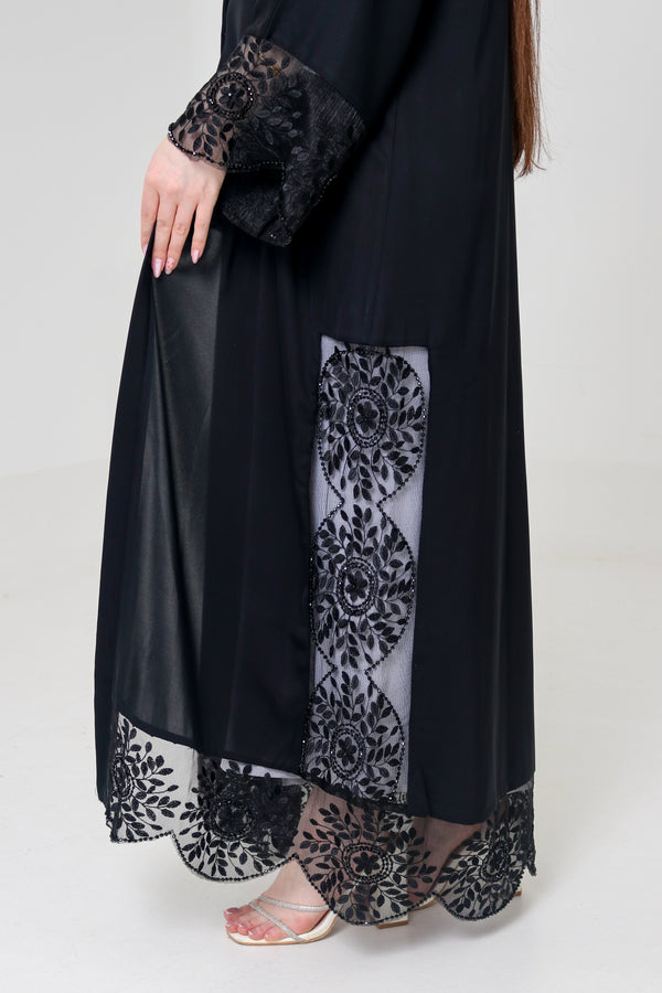 Black Embroidered Abaya | Floral Lace Panel & Beaded Cuff Detail