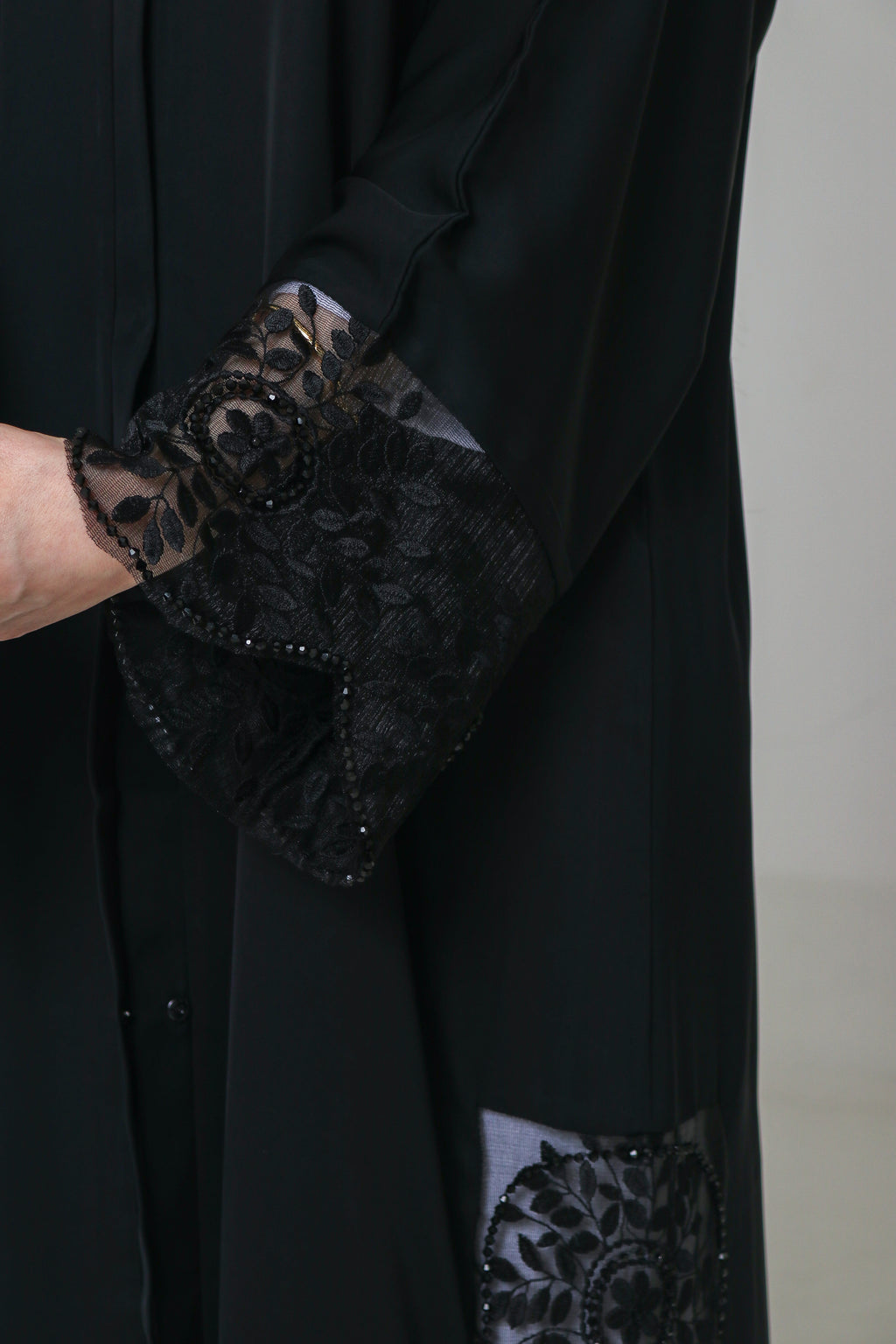Black Embroidered Abaya | Floral Lace Panel & Beaded Cuff Detail