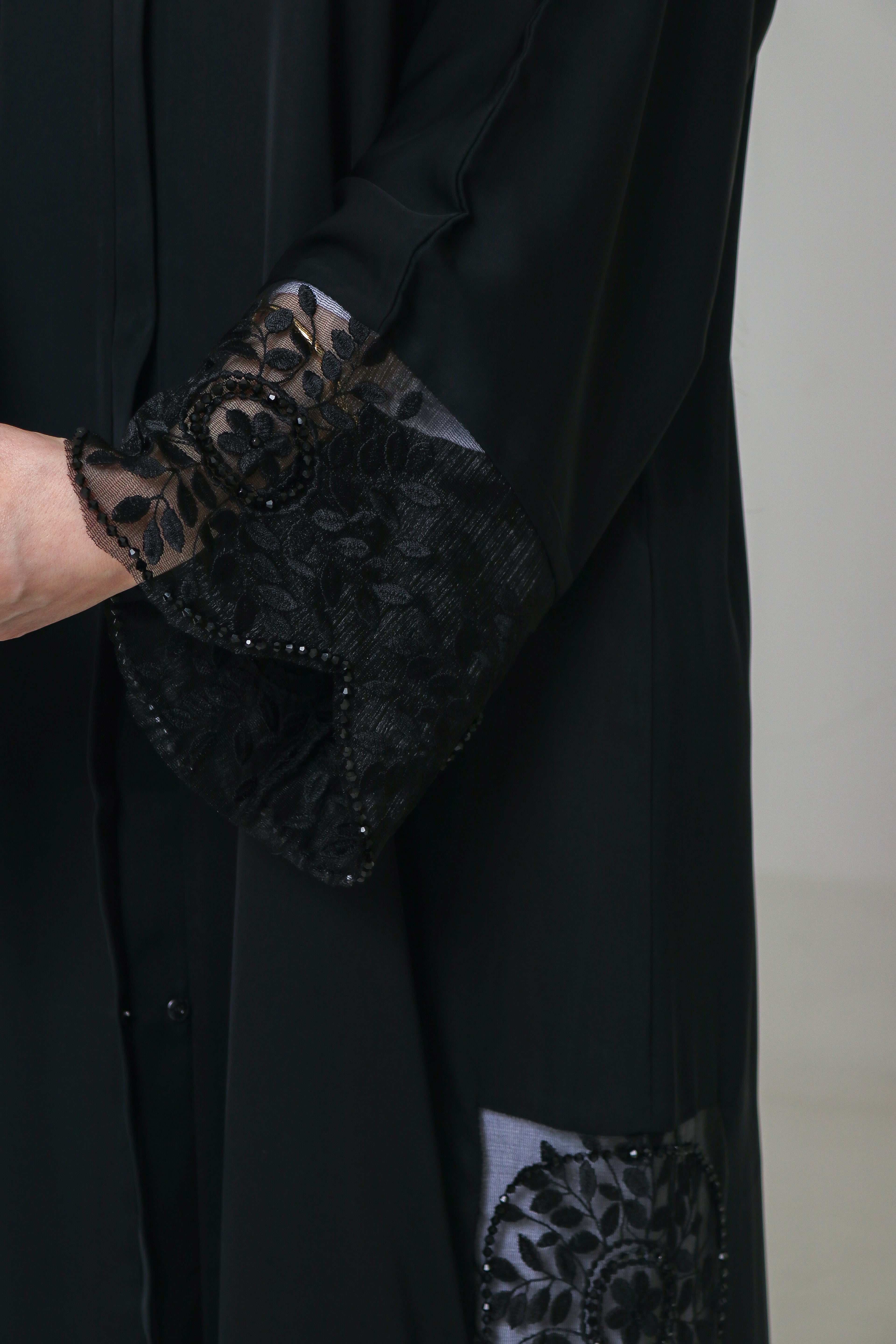 Black Embroidered Abaya | Floral Lace Panel & Beaded Cuff Detail