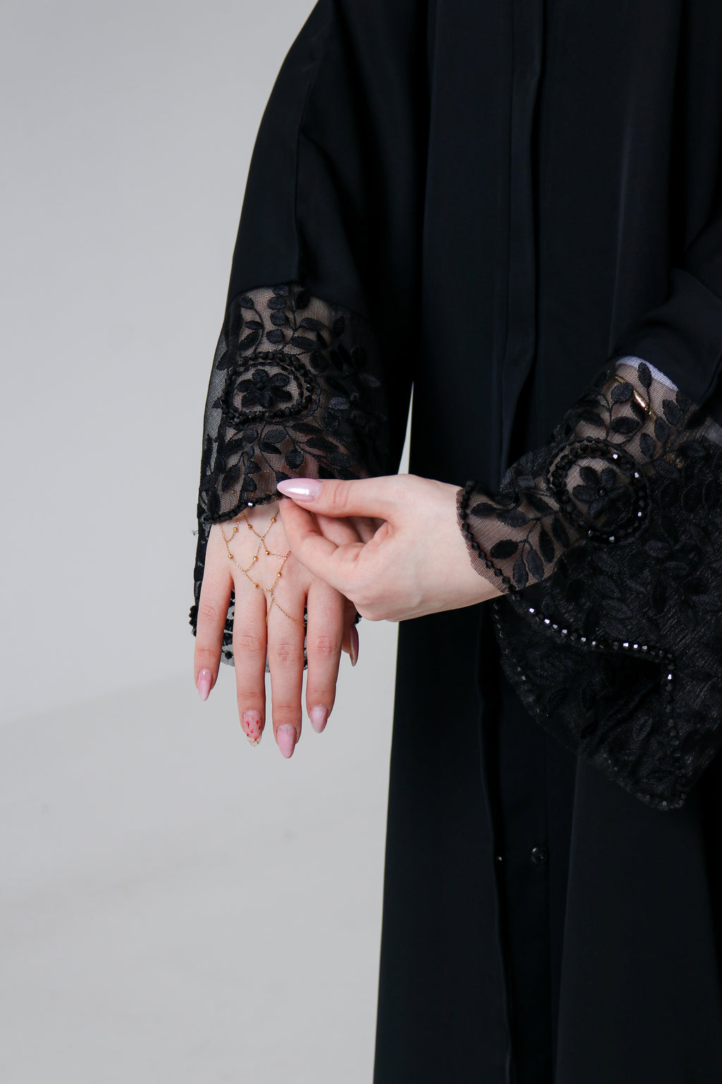 Black Embroidered Abaya | Floral Lace Panel & Beaded Cuff Detail