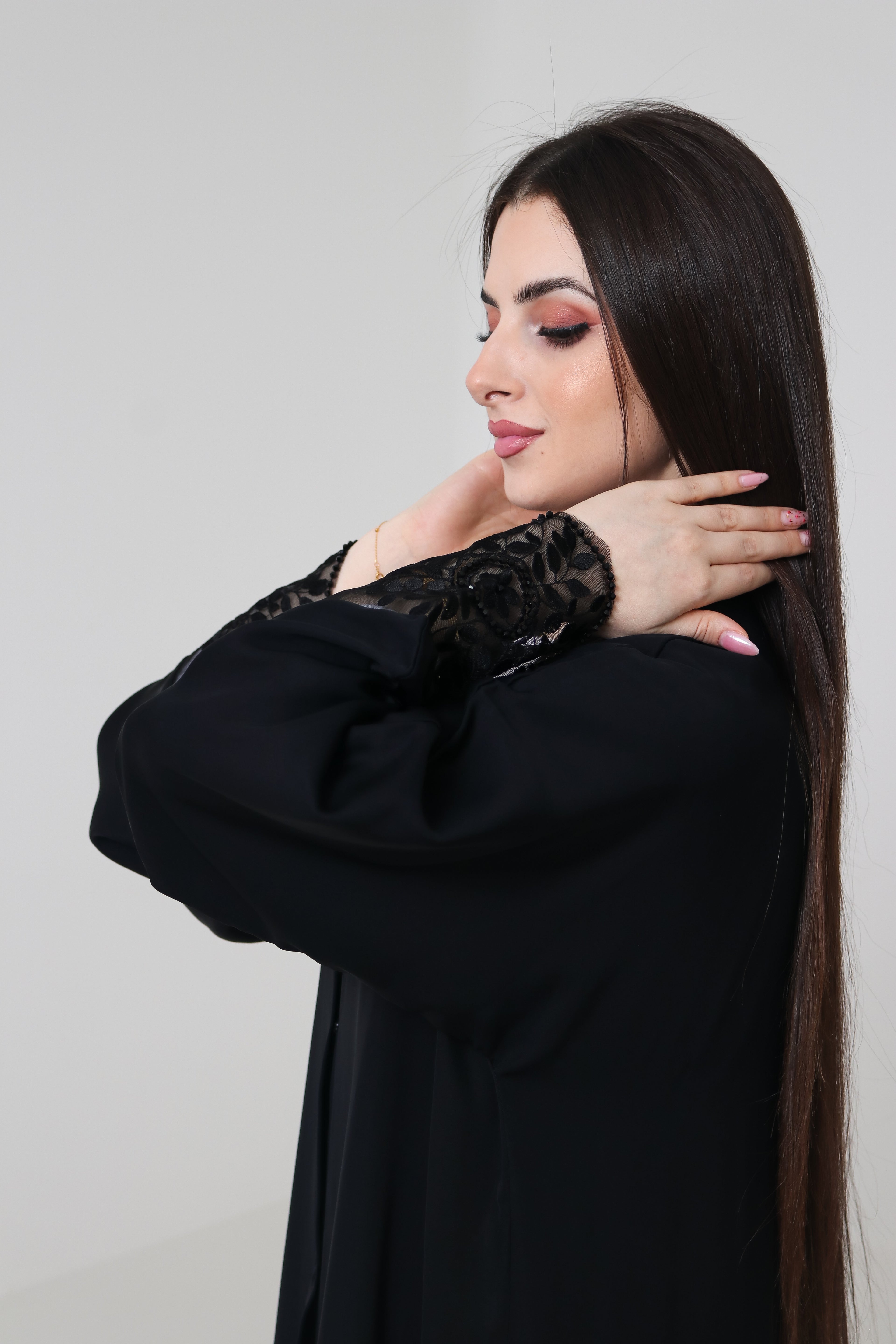 Black Embroidered Abaya | Floral Lace Panel & Beaded Cuff Detail