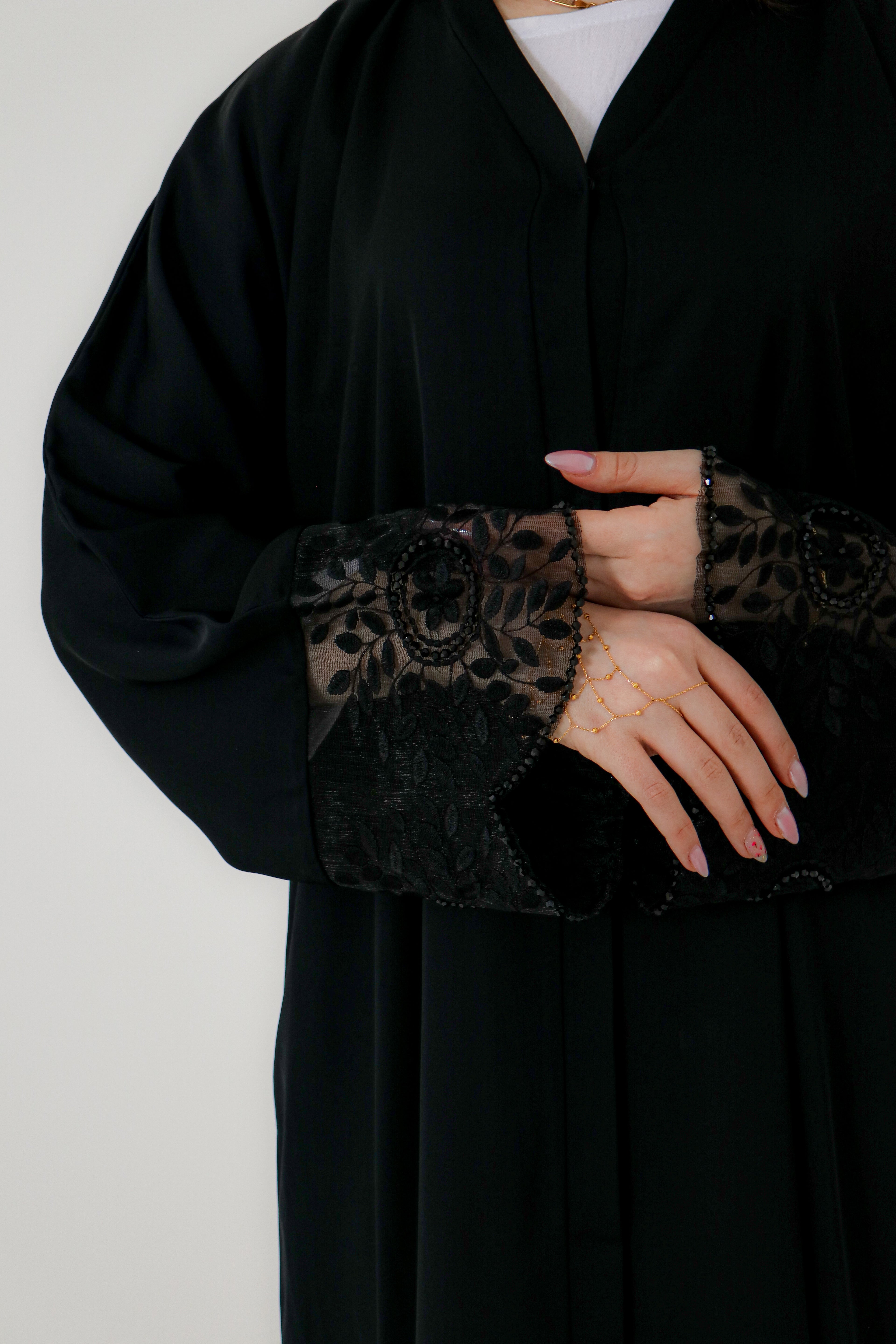 Black Embroidered Abaya | Floral Lace Panel & Beaded Cuff Detail
