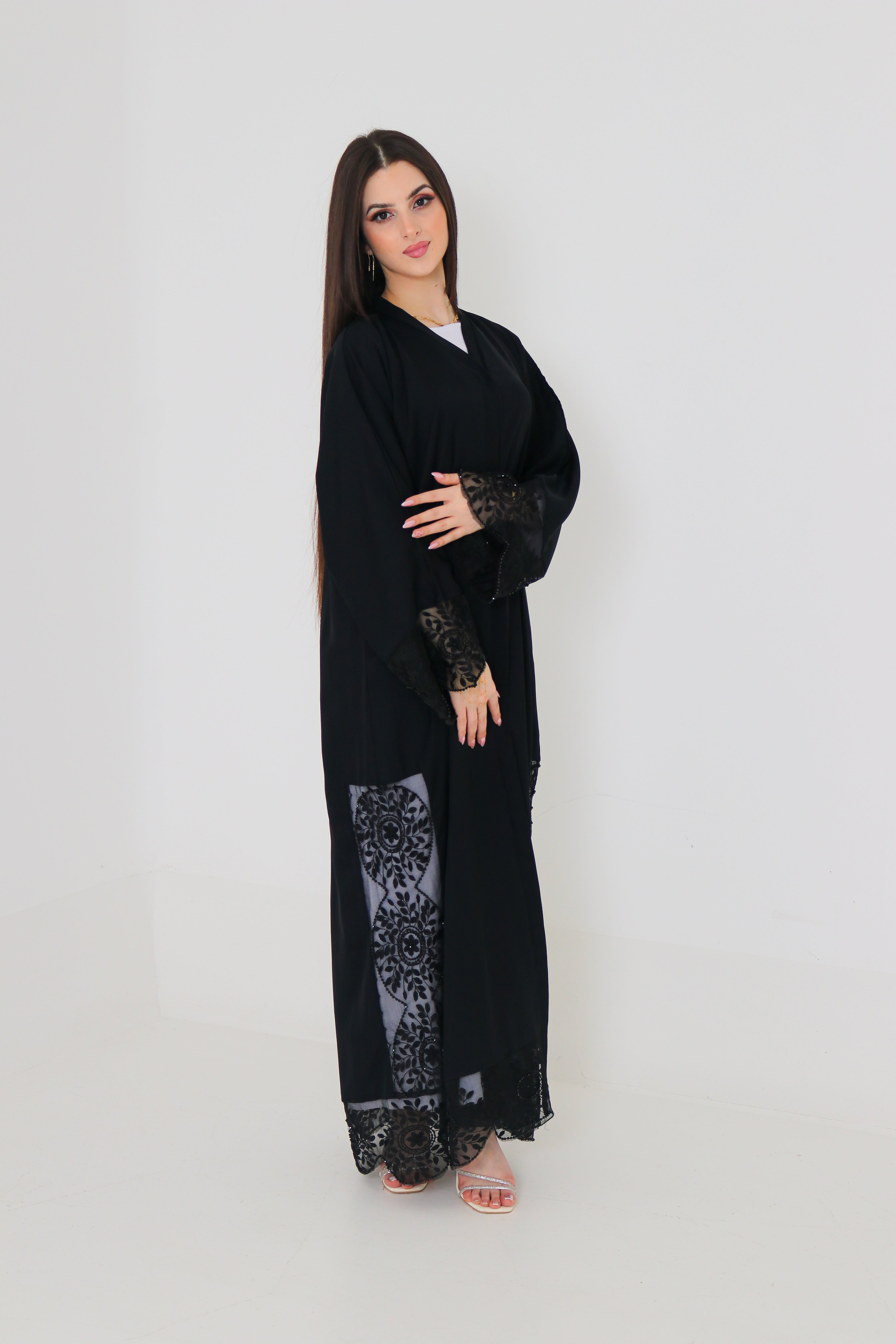 Black Embroidered Abaya | Floral Lace Panel & Beaded Cuff Detail