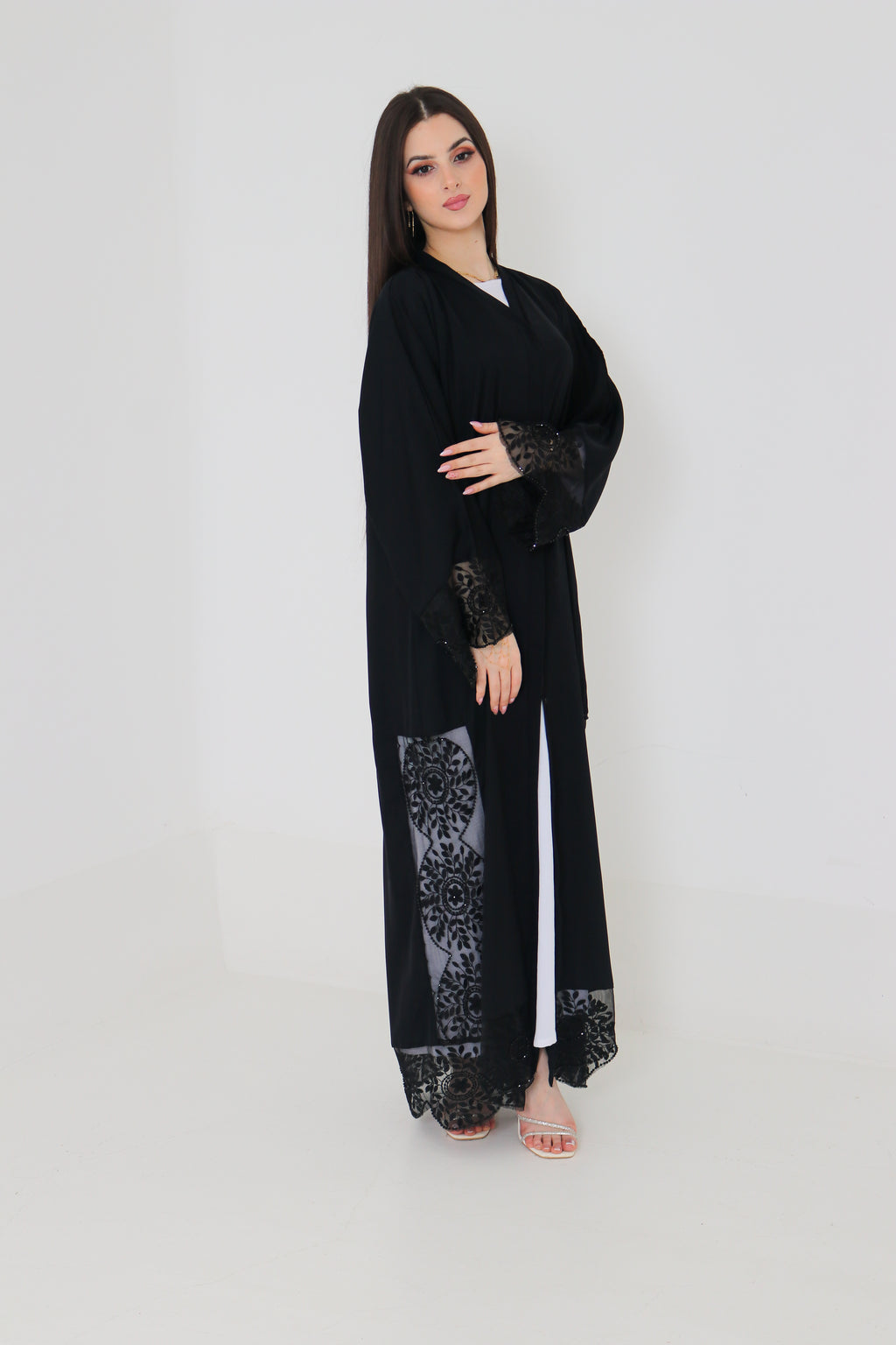Black Embroidered Abaya | Floral Lace Panel & Beaded Cuff Detail